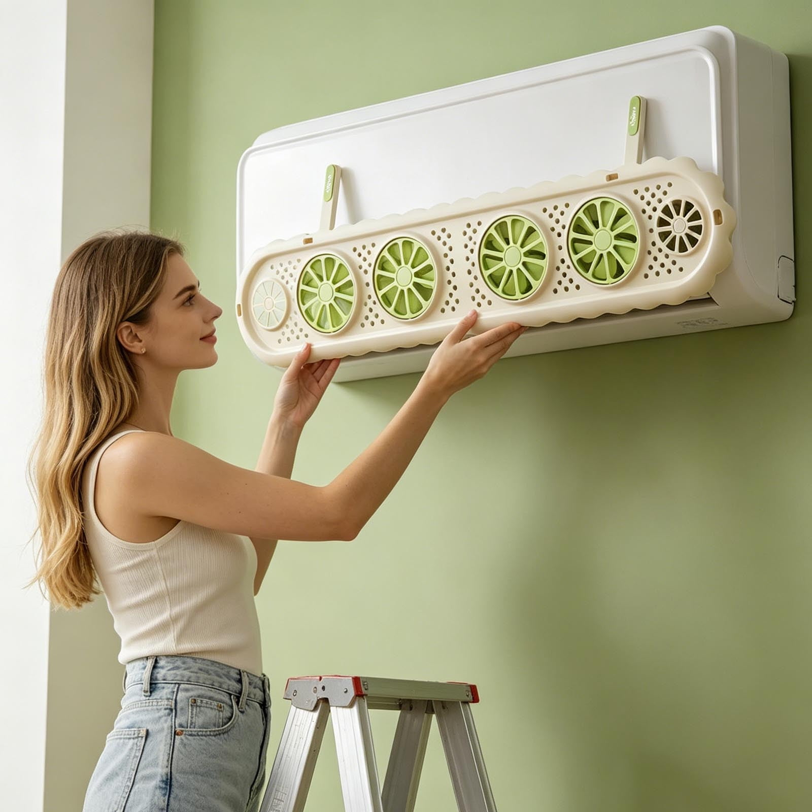 Eine Frau montiert einen Lüfteraufsatz an einer Klimaanlage.