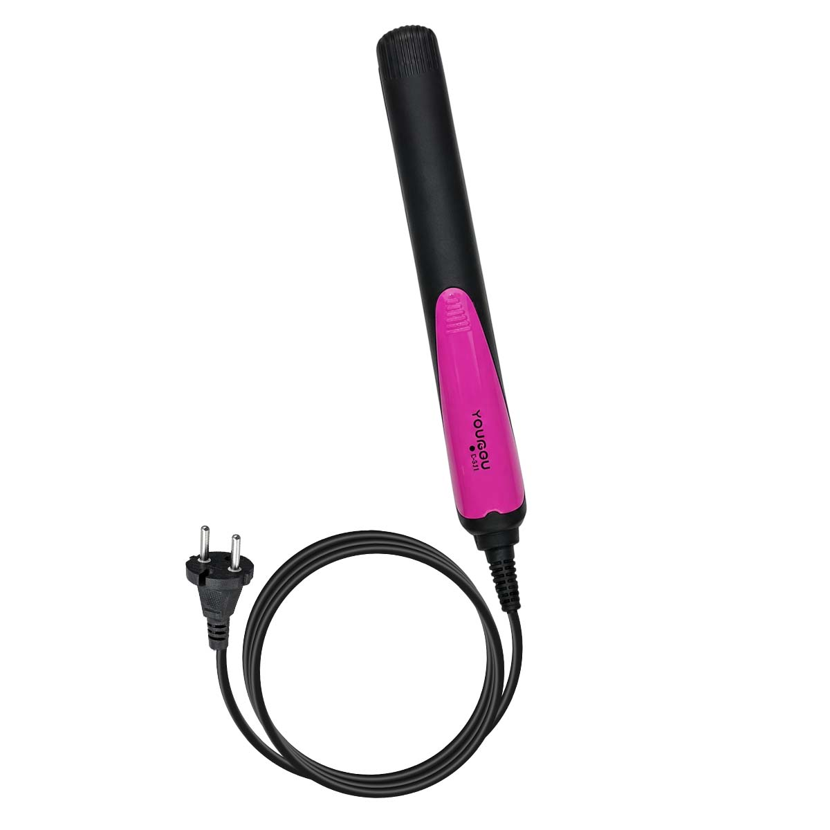 Schwarzer Lockenstab mit pinkem Griff und Stecker.