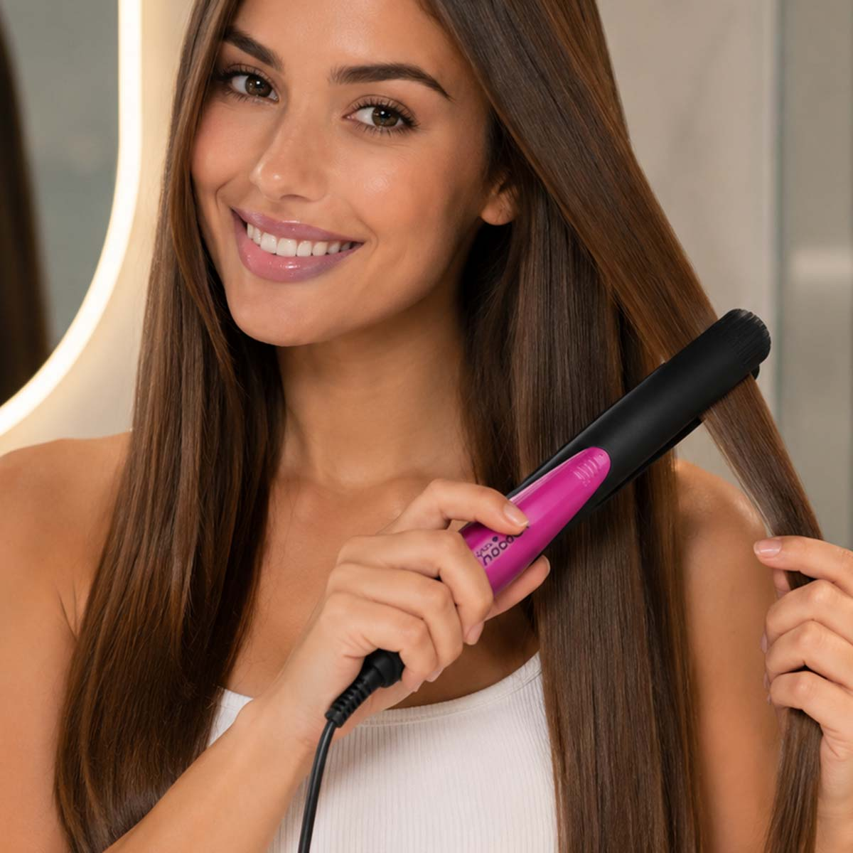 Eine Frau glättet ihr braunes Haar mit einem pinkfarbenen Glätteisen.