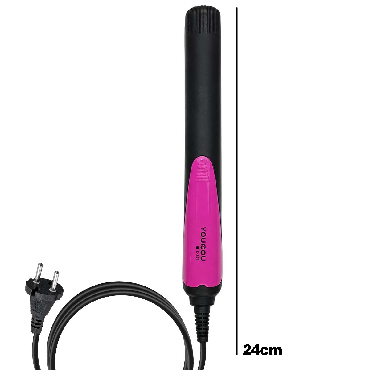 Ein schwarzer Lockenstab mit pinkem Griff und Kabel, 24cm lang.