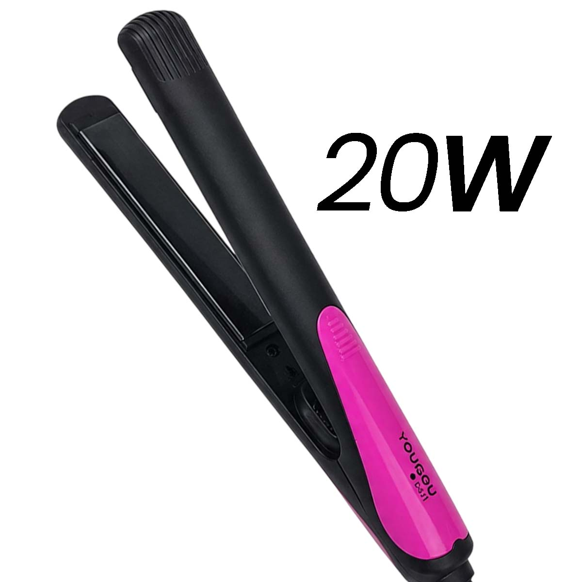 Ein schwarzer und pinker Haarglätter mit der Aufschrift 20W.