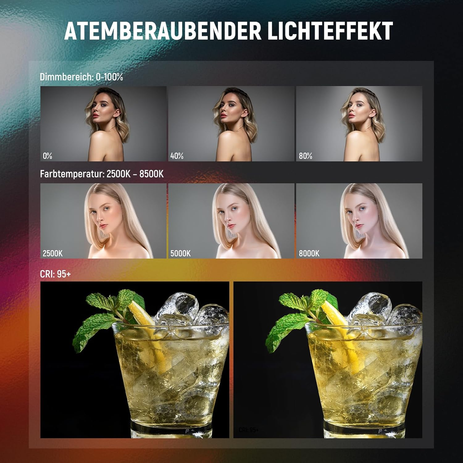 Vergleich von Lichteffekten: Frauenporträts und Getränke mit Eis.