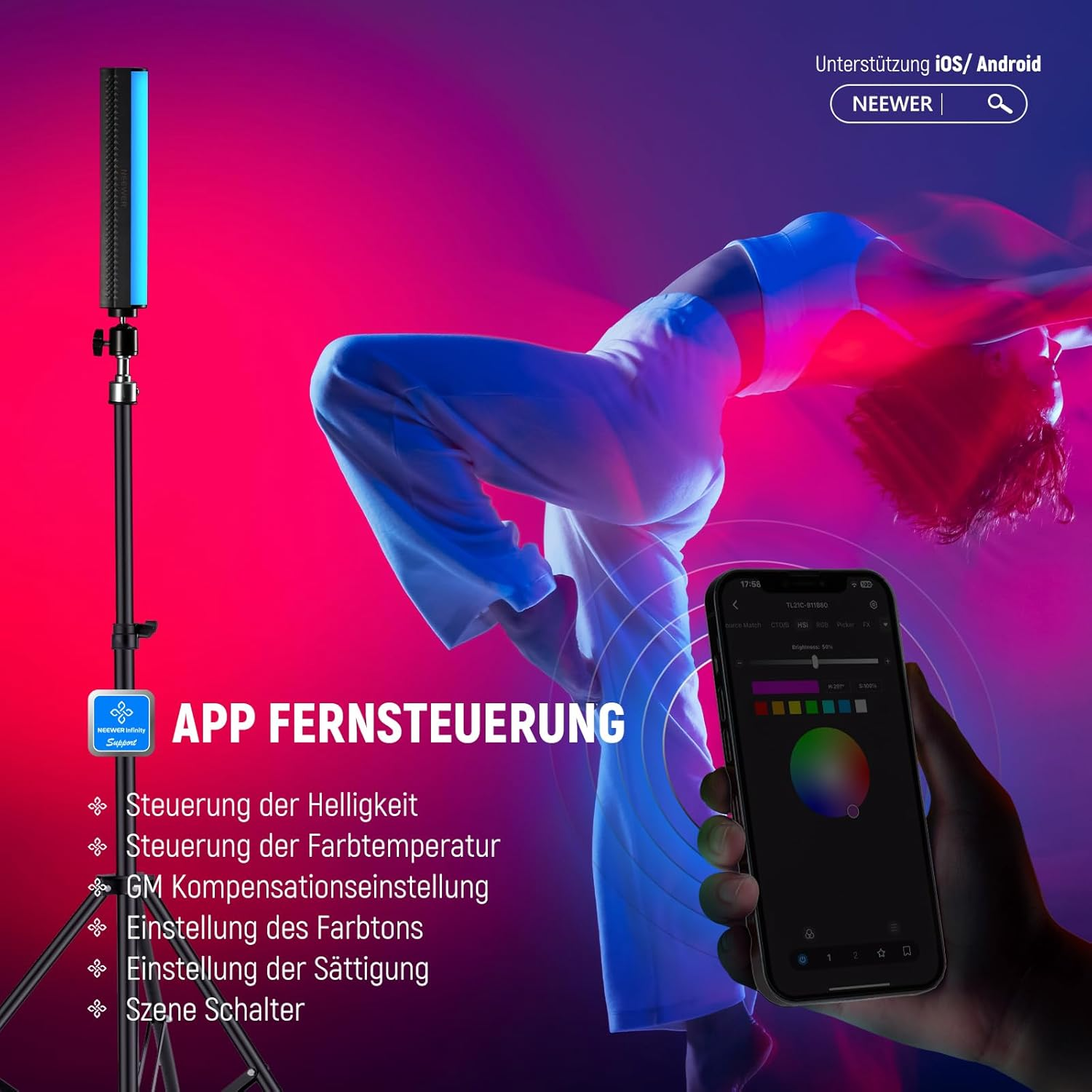 Ein beleuchteter Stab und eine Person in weißer Kleidung, die sich biegt, werden von einem Smartphone gesteuert.