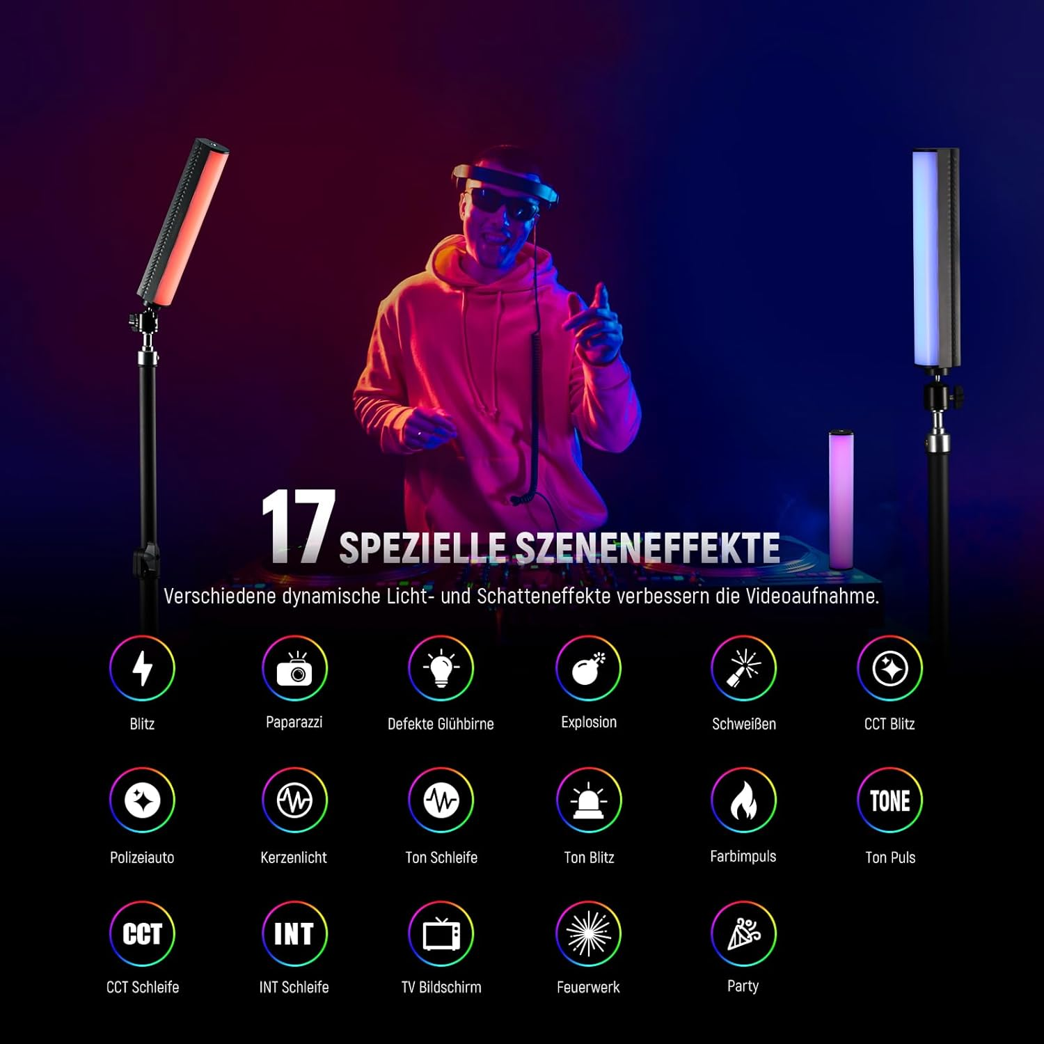 Mann mit VR-Brille und Lichtern, die 17 Spezialeffekte zeigen.