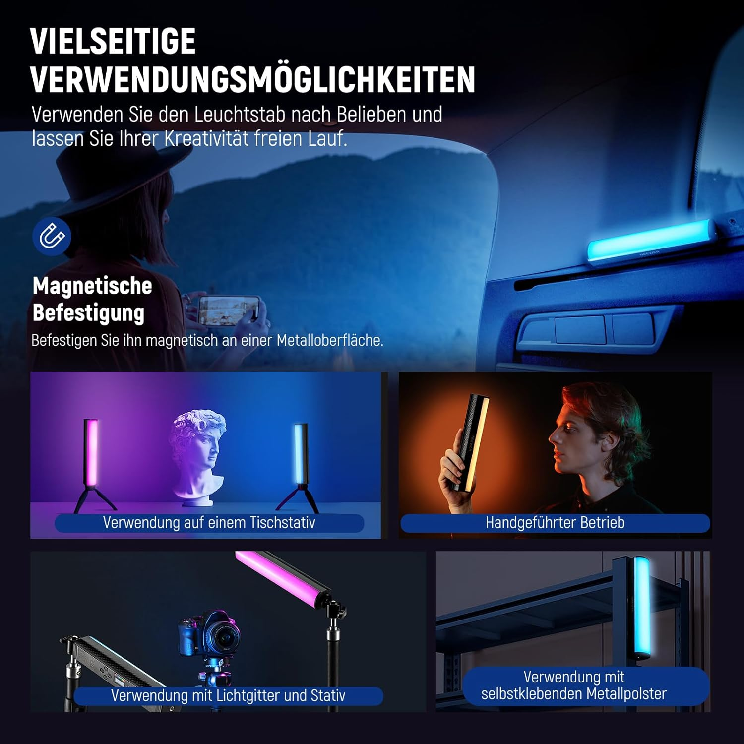 Vielseitige Leuchtstäbe in verschiedenen Montagen: Tischstativ, Handbetrieb, Stativ & Gitter, magnetisch.