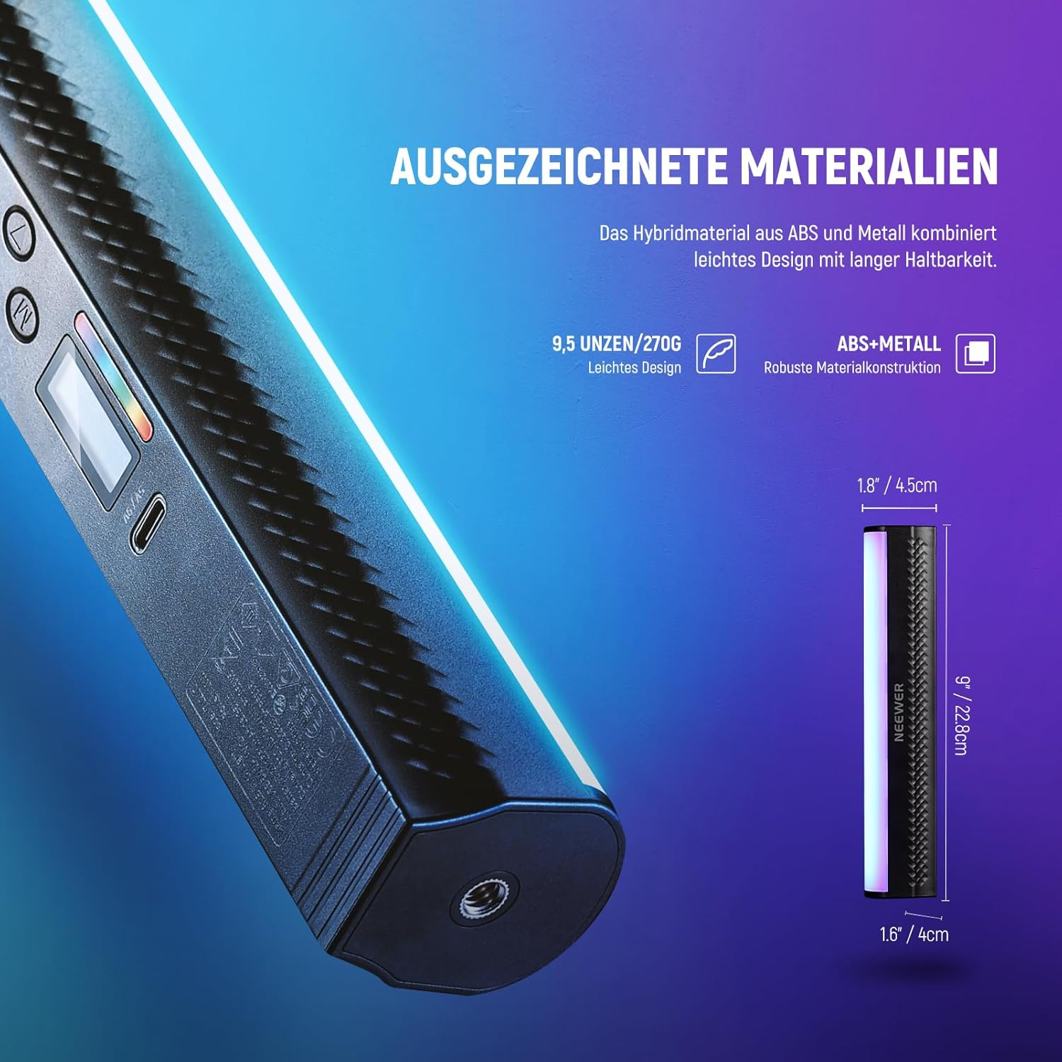 Eine leuchtende Stange mit schwarzen Bedienelementen und einem Display, daneben Maße.