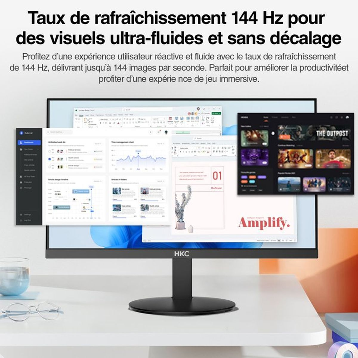 Un monitor HKC visualizza più finestre con grafici, fogli di calcolo e giochi.