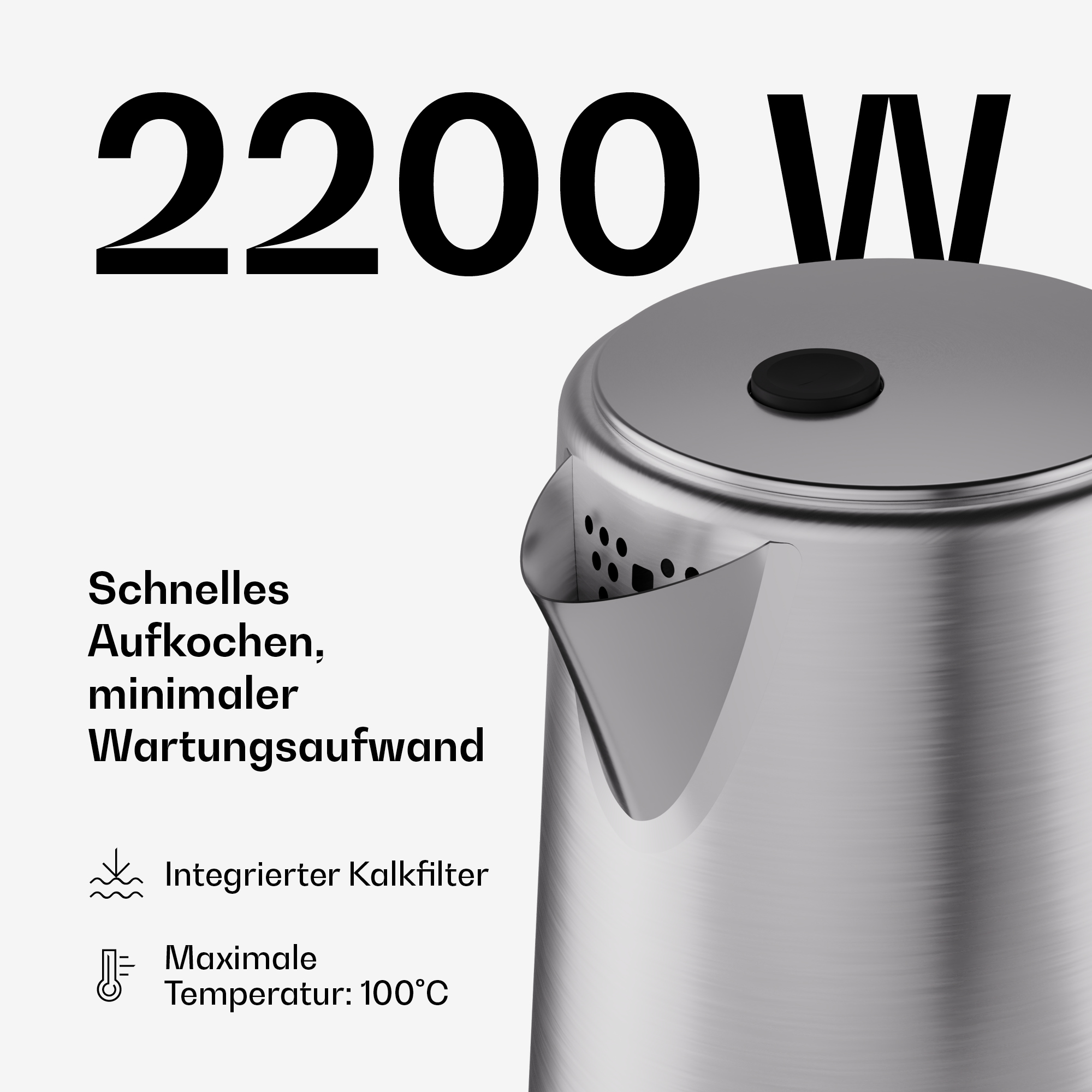 2200W Wasserkocher mit integriertem Kalkfilter und 100°C max. Temperatur.