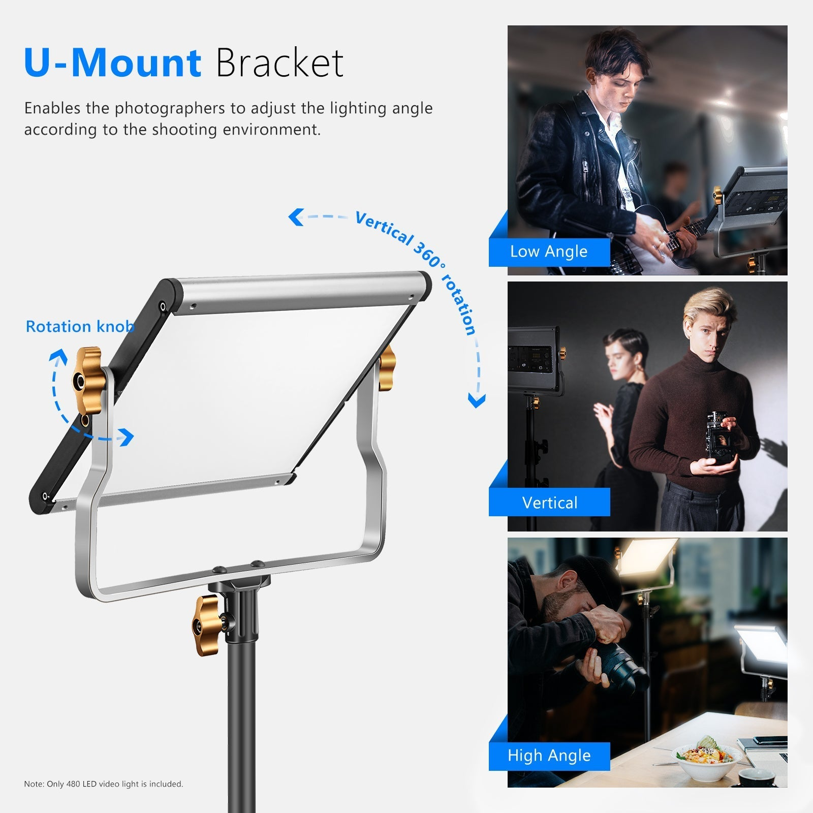 U-Mount-Halterung mit Beschreibung und Bildern von verschiedenen Aufnahmewinkeln.