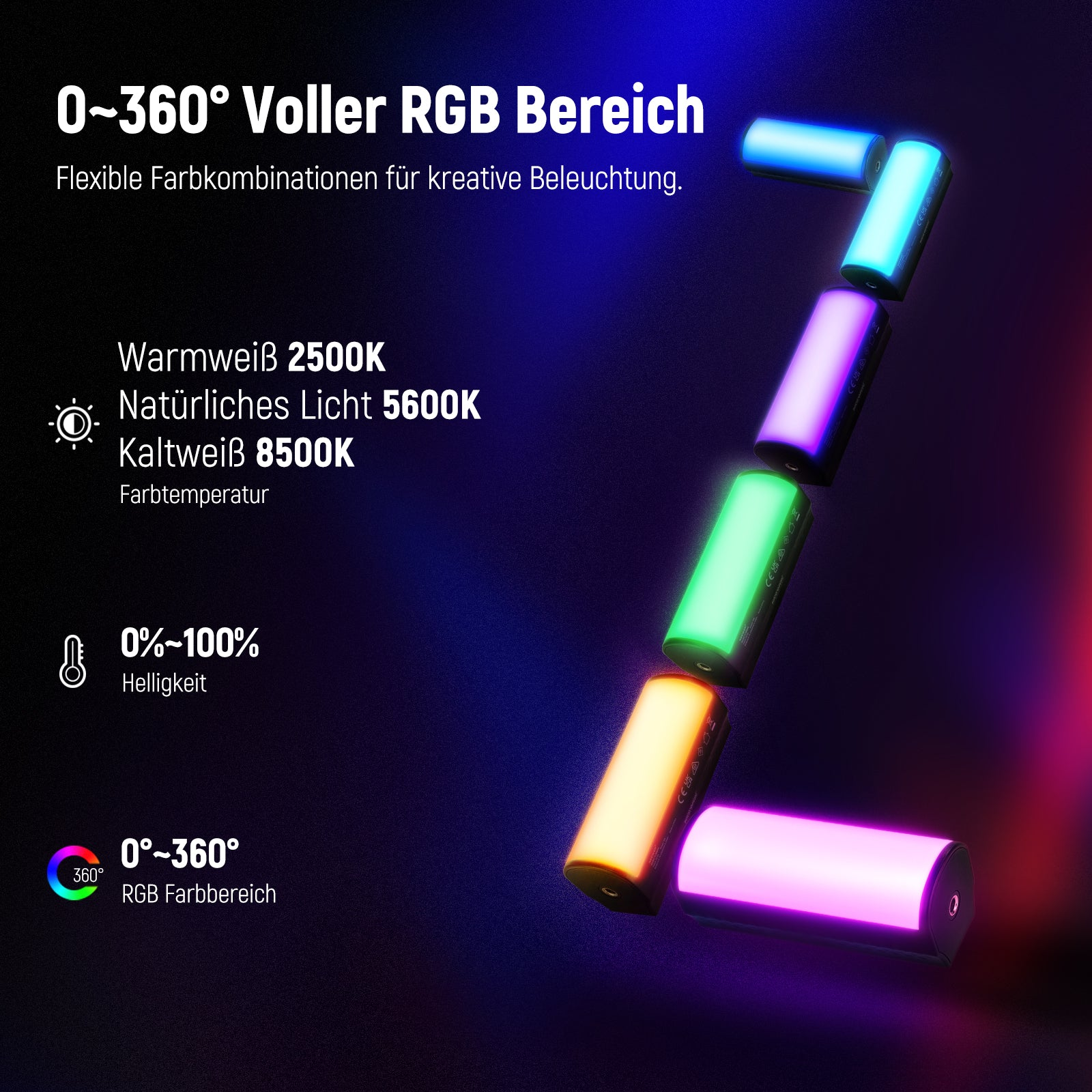 Mehrere RGB-Leuchten in Gelb, Grün, Lila und Blau, die eine '7' bilden.