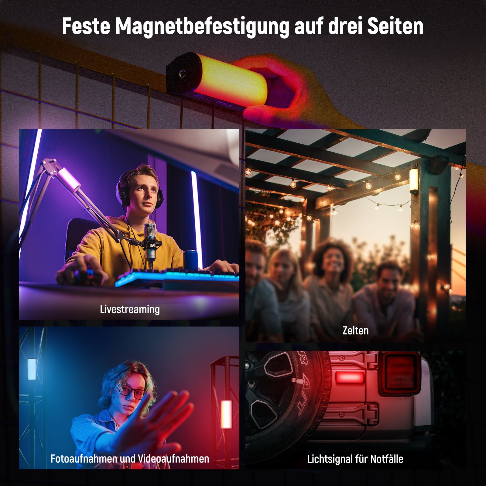 Collage zeigt Magnetlicht-Nutzung: Livestreams, draußen, Fotos, Autosignale.