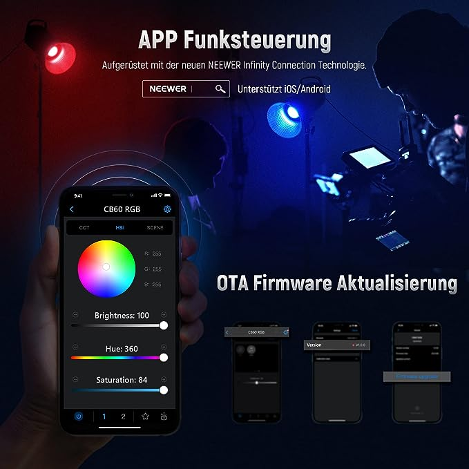 App-Steuerung mit Farb- und Helligkeitsregler. OTA-Firmware-Update.