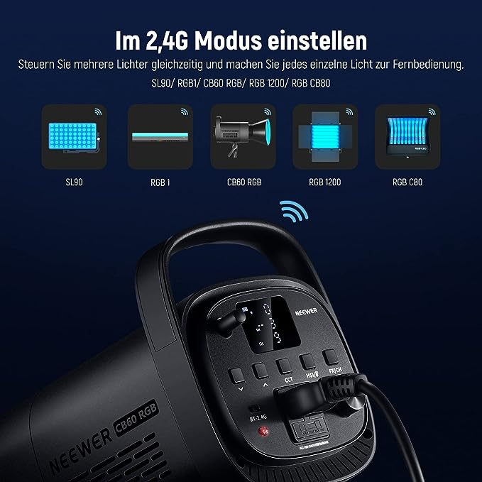 Nahaufnahme eines schwarzen NEEWER CB60 RGB Lichts mit Bedienelementen und Display.