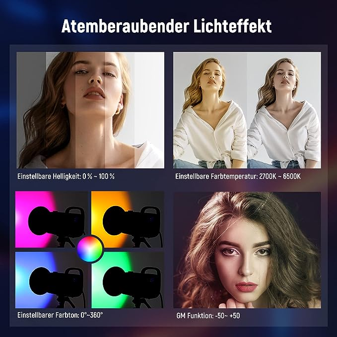 Vier Bilder zeigen Lichteffekte: Helligkeit, Farbtemperatur, Farbton und GM-Funktion.