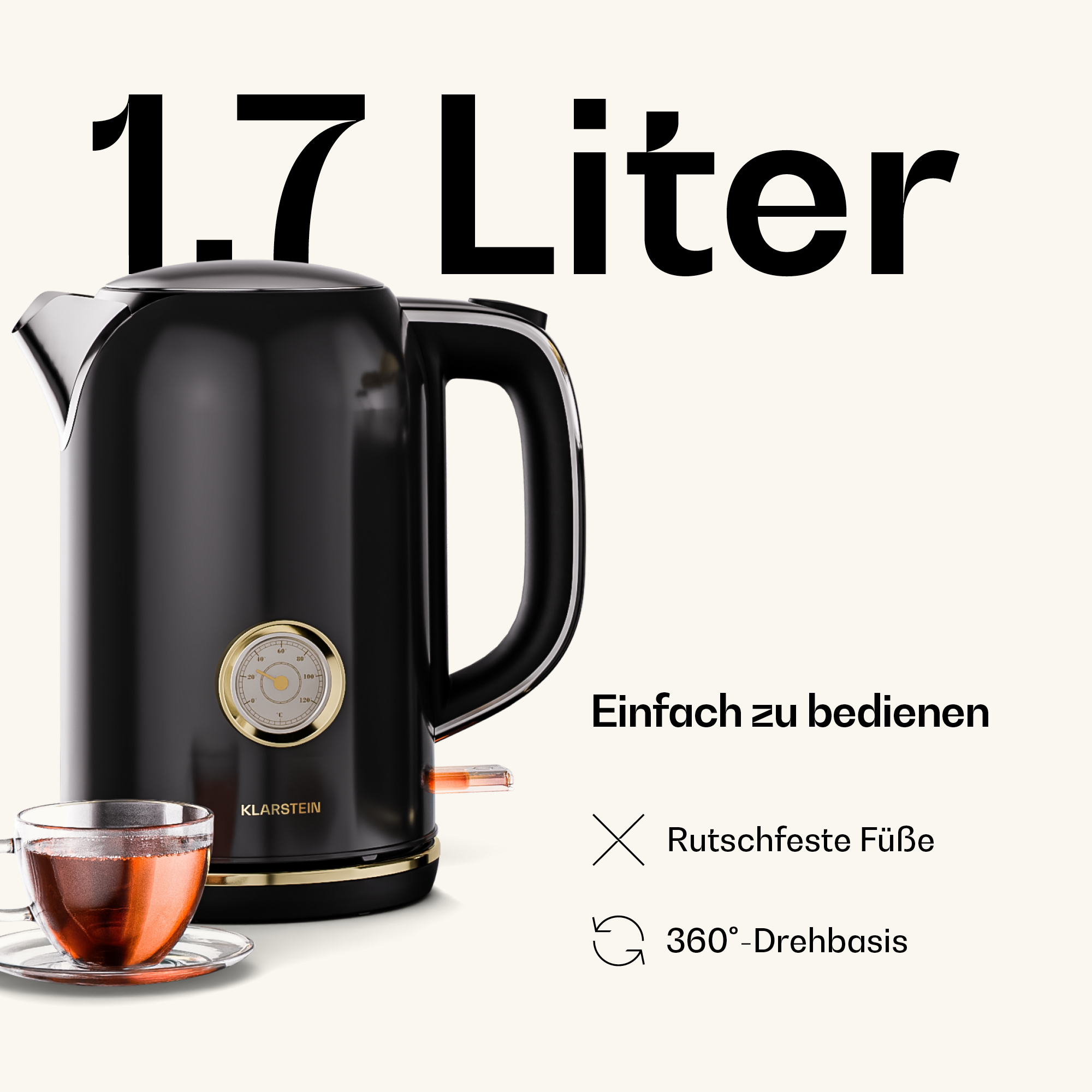 Schwarzer Wasserkocher mit 1,7 L Fassungsvermögen, Temperaturanzeige und Tasse Tee.