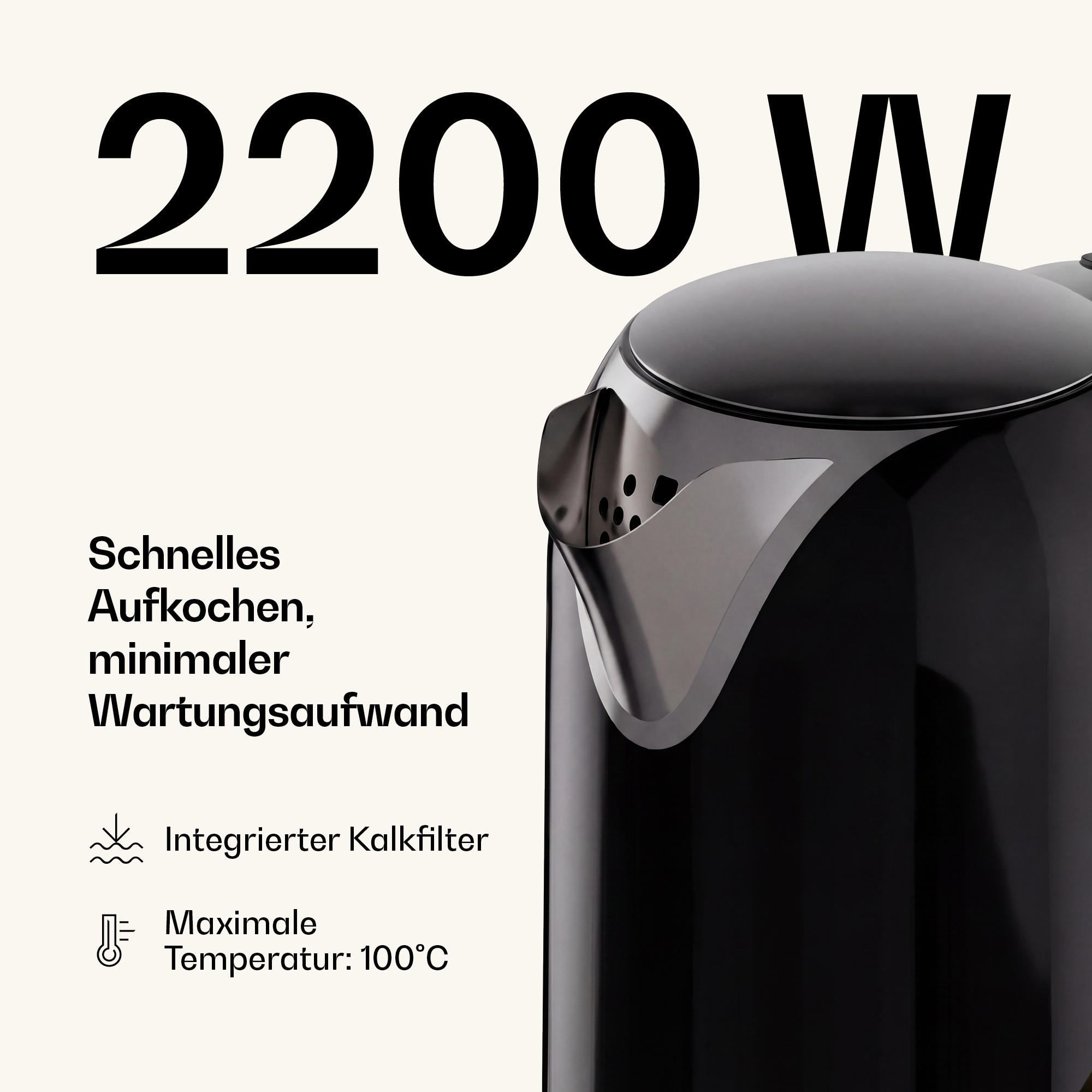 Schwarzer Wasserkocher mit 2200W, Kalkfilter, 100°C Max.