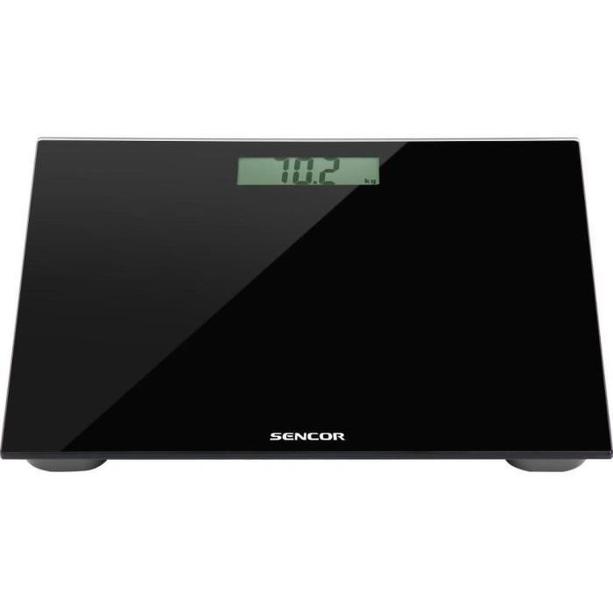 Una bilancia digitale Sencor nera mostra 70,2 kg sul suo schermo.