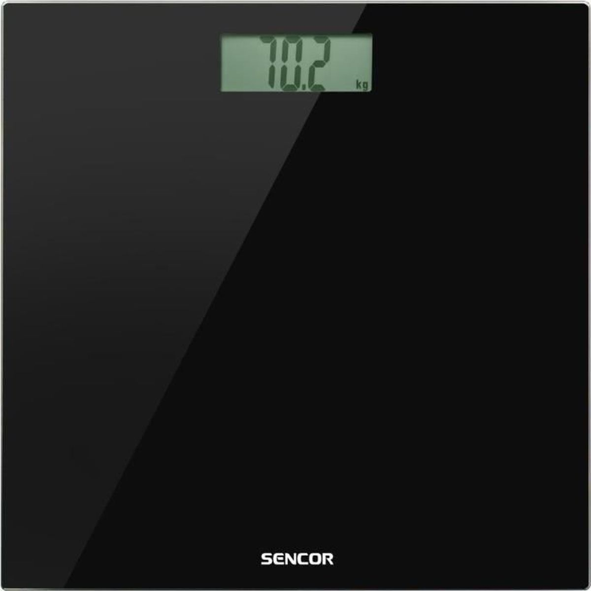 Bilancia digitale nera mostra 70.2 kg. Logo SENCOR in basso.