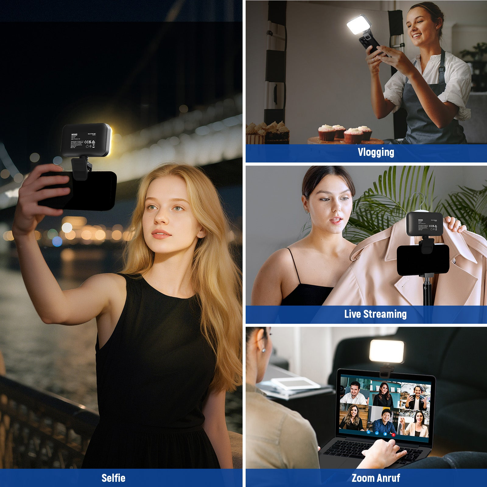 Vier Szenen: Selfie, Vlogging, Live-Streaming, Zoom-Anruf mit Beleuchtung.