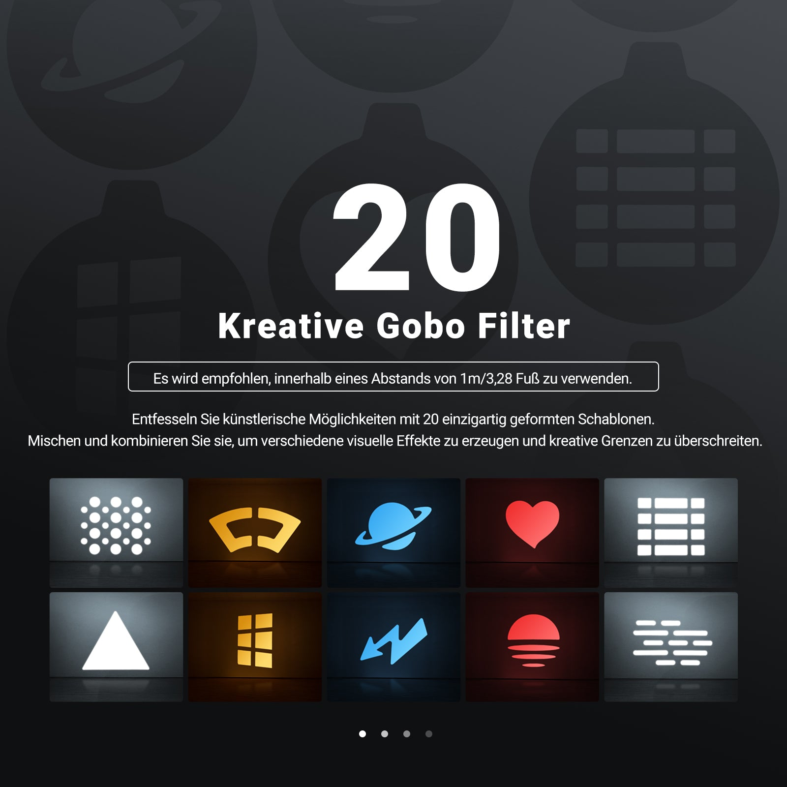 20 kreative Gobo-Filter-Icons: Punkte, Fenster, Planet, Herz, Liste, Dreieck, Fenster, Blitz, Sonnenuntergang.