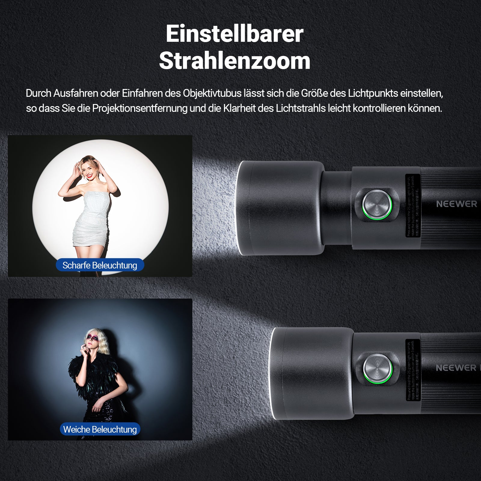 Frau mit hellem Kleid im Lichtkreis, daneben ein Scheinwerfer und eine Frau im schwarzen Federkleid.