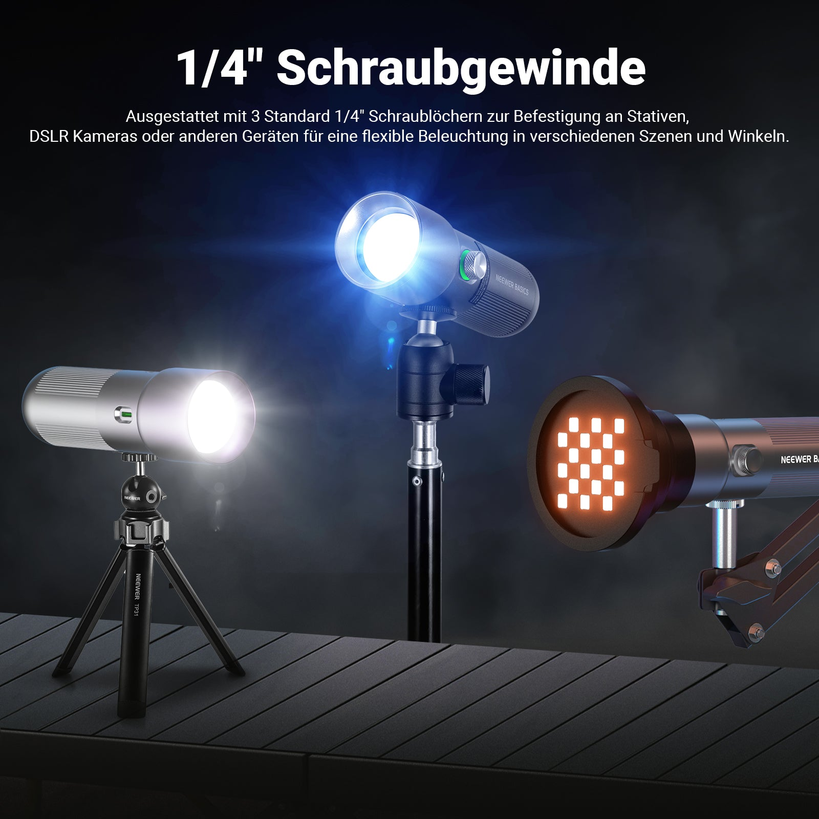 Drei Lichter mit 1/4" Gewinde auf Stativen, eines mit orangefarbenen LEDs.