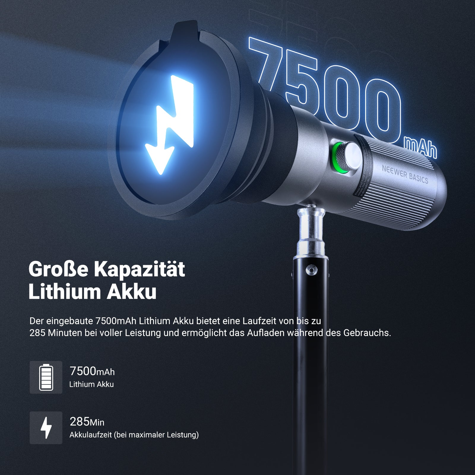 Grauer Akku mit Blitz-Symbol, 7500mAh Kapazität und 285 Min. Laufzeit.