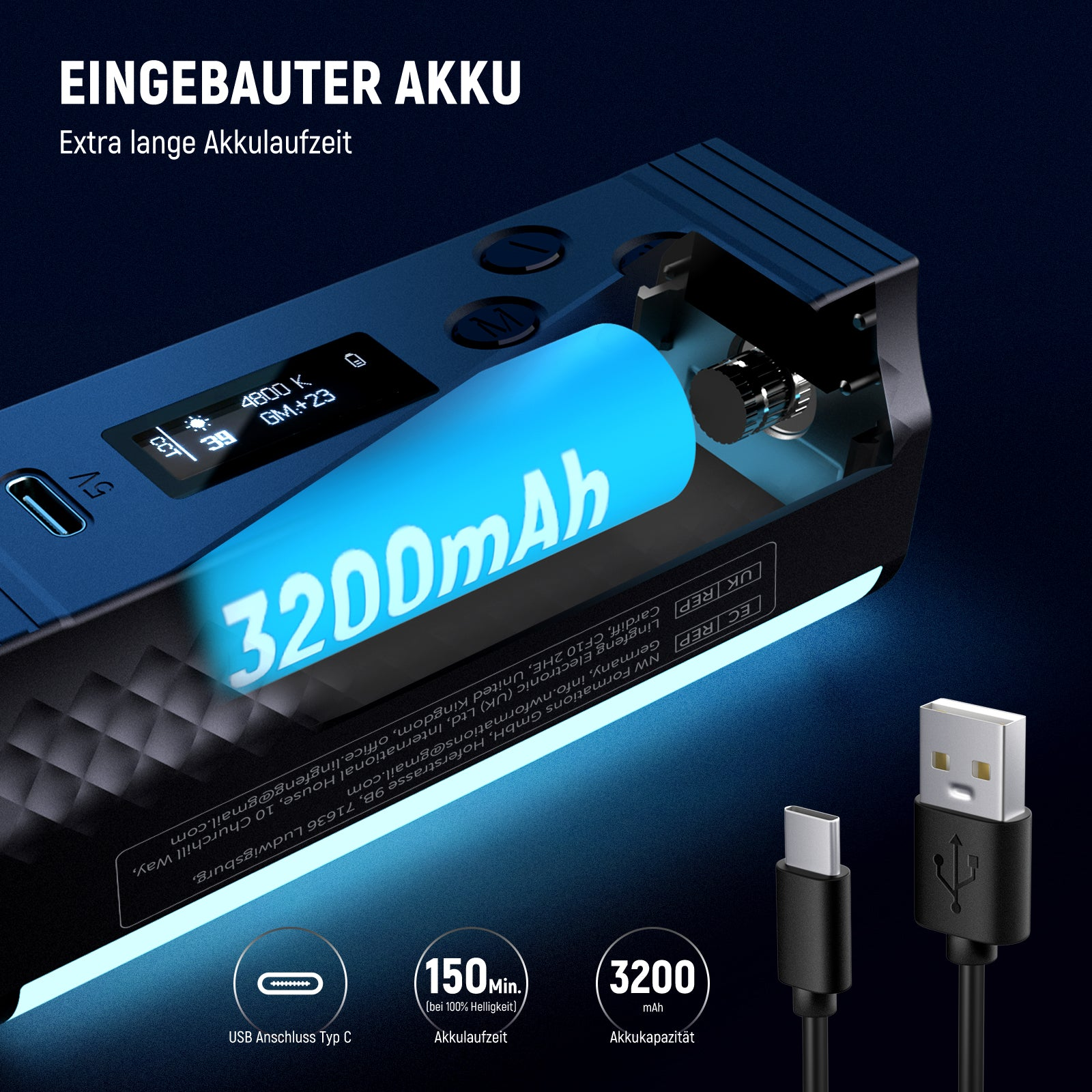 Blauer Akku mit 3200mAh Kapazität, USB-C, USB-A Kabel und digitaler Anzeige.
