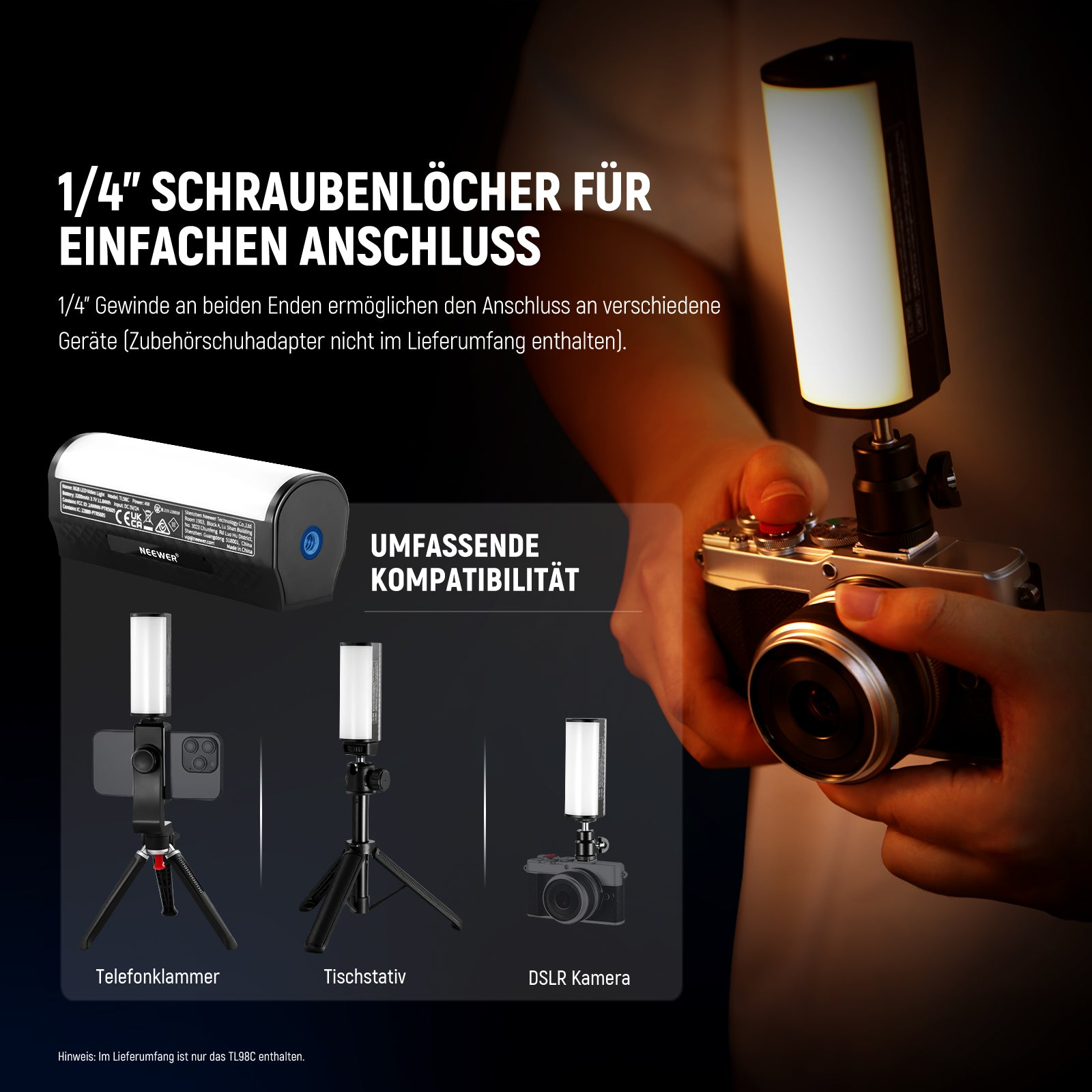 Ein Lichtstab wird an einer Kamera befestigt. Links sind Beispiele für die Verwendung mit einem Handy, Stativ und Kamera.