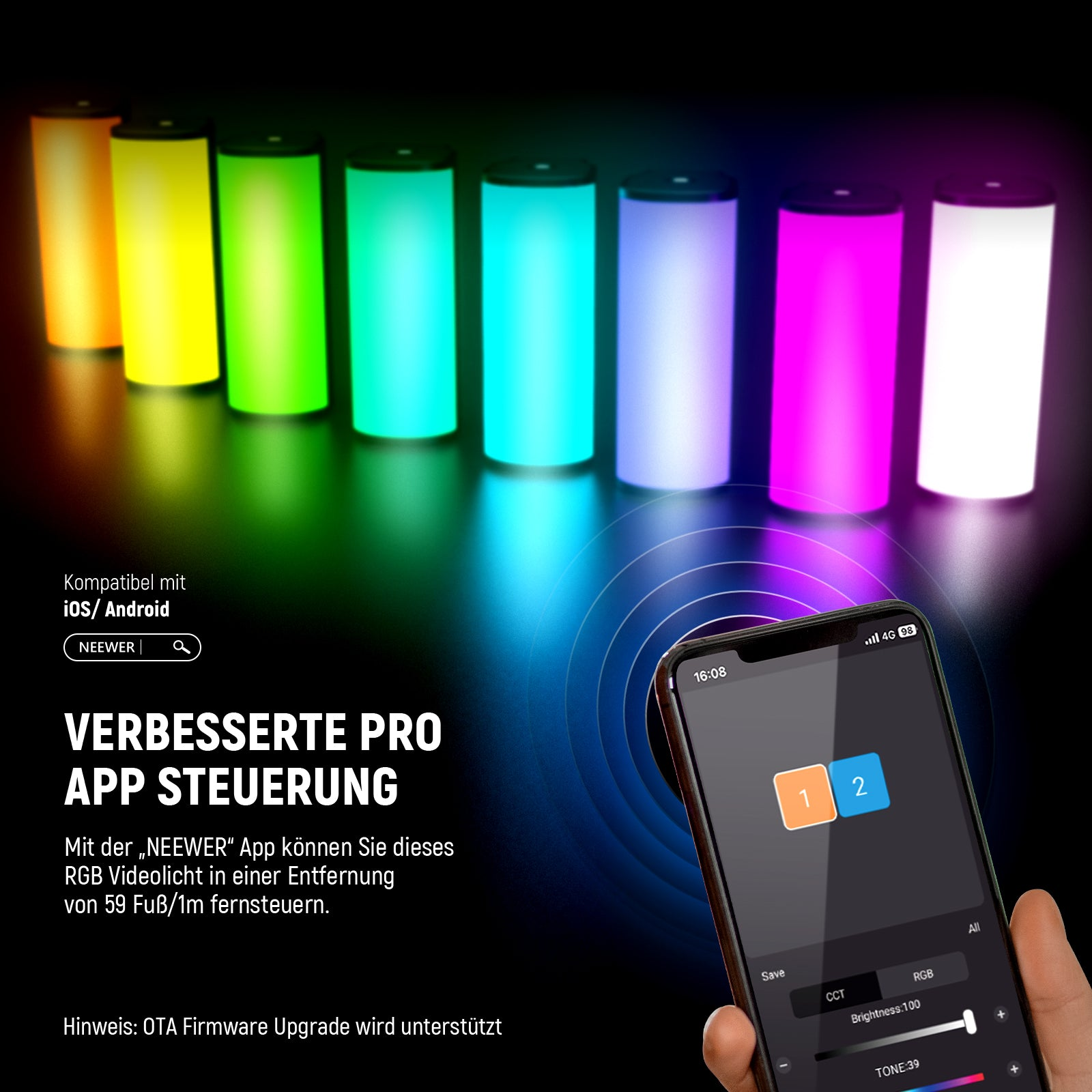 Reihe von RGB-Videoleuchten in verschiedenen Farben, gesteuert per Smartphone-App.