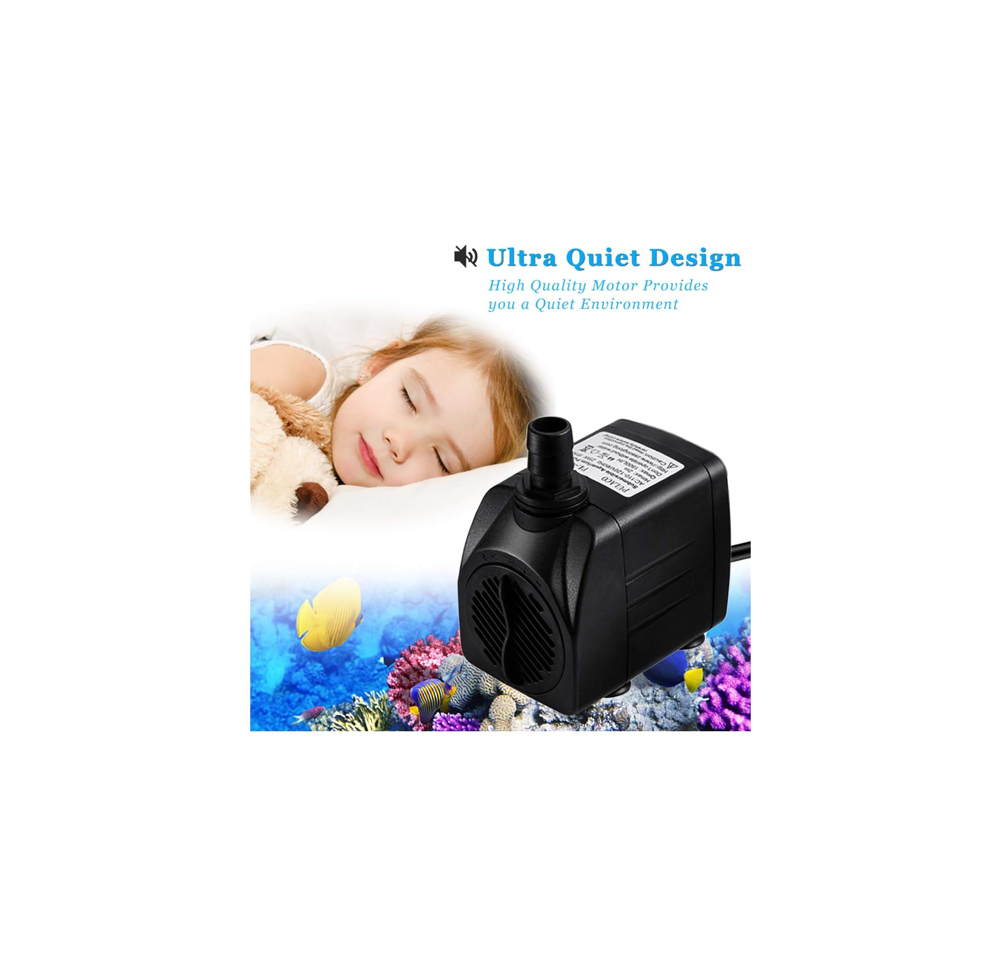 Ein schlafendes Kind, eine schwarze Tauchpumpe und eine bunte Aquarium-Szene mit Fischen.