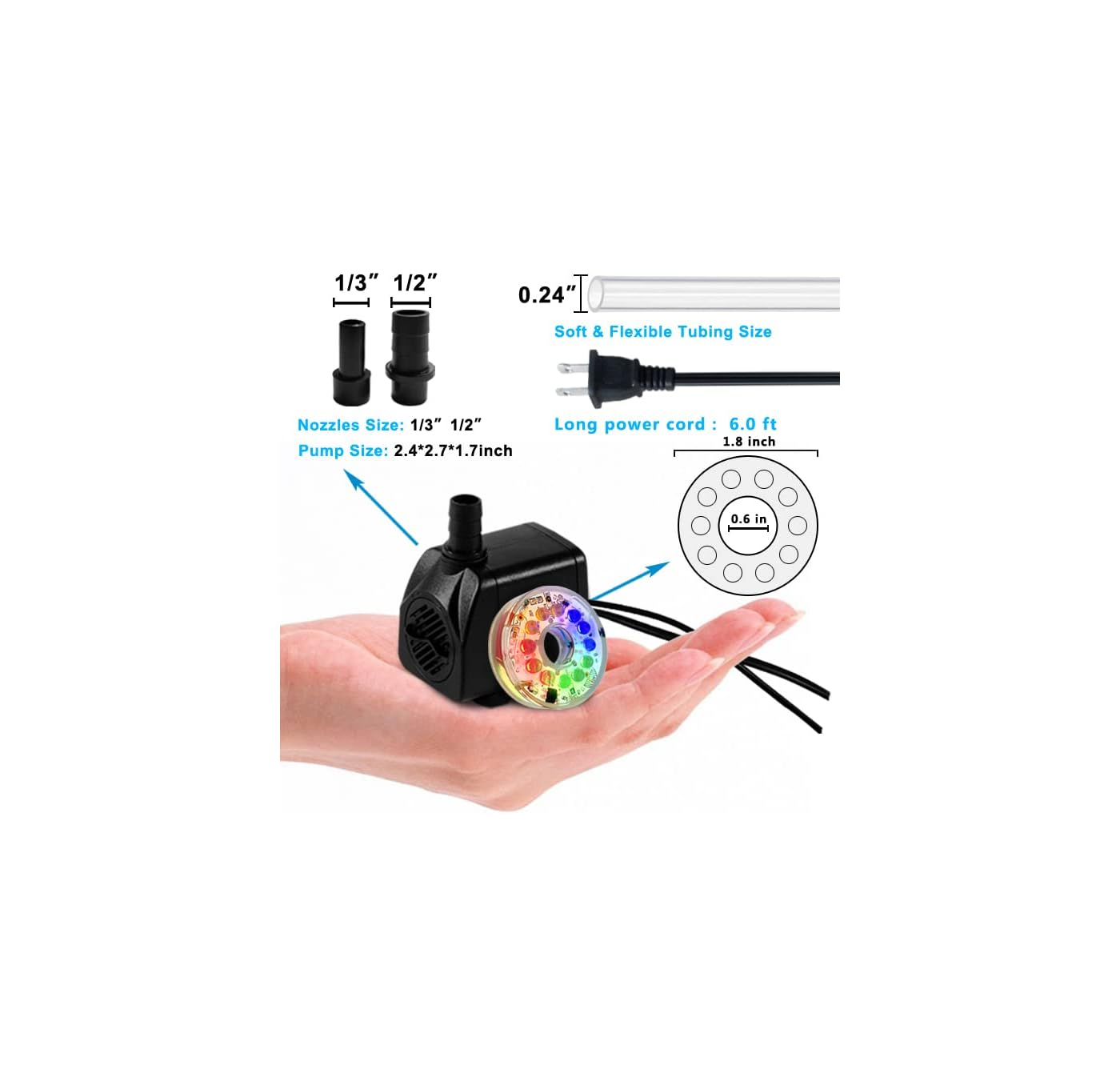 Kleine schwarze Pumpe mit LED-Licht in der Hand, mit Zubehör und Maßen.
