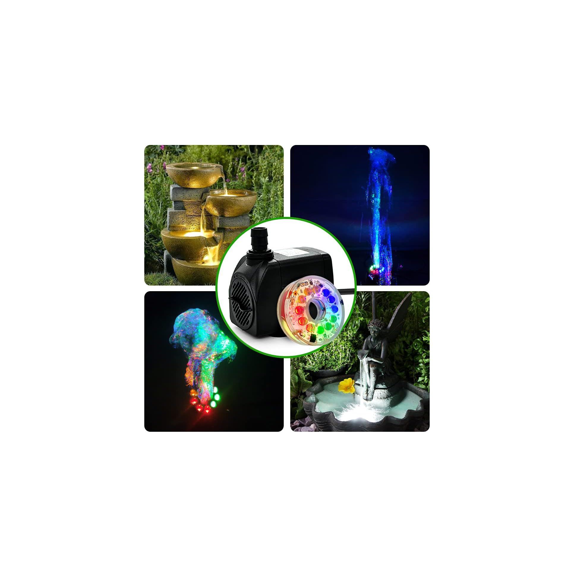 Vier Bilder zeigen Gartenbrunnen-Elemente: gestapelte Schalen, blaue Wassersäule, bunter Wasserstrahl, Feenstatue.