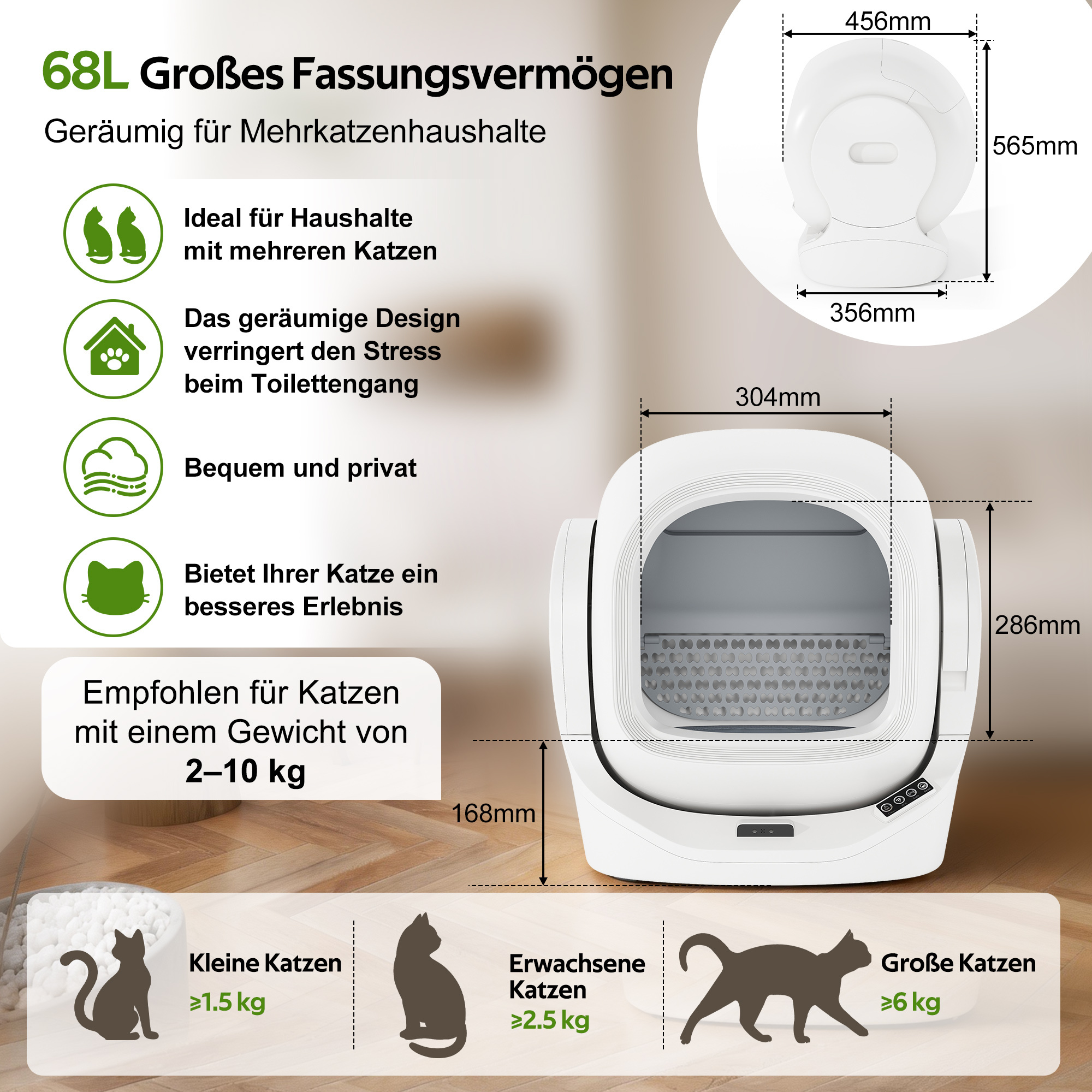 Ein weißer, großer Katzenklo-Automat mit Maßen und Merkmalen.