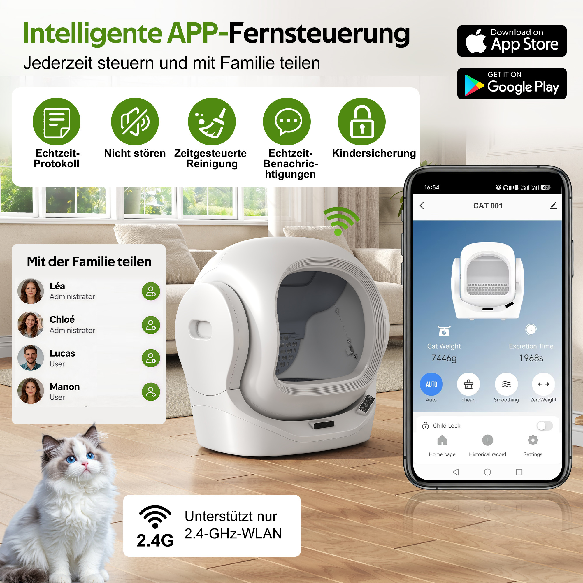 Ein automatischer Katzenklo mit App-Steuerung, der Katzengewicht und Ausscheidungszeit anzeigt.