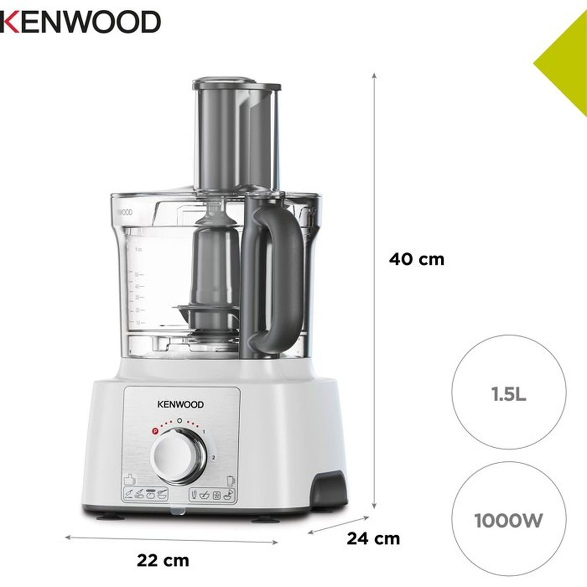 Robot da cucina Kenwood bianco. Altezza 40cm, larghezza 24cm, profondità 22cm. Capacità 1.5L, 1000W.