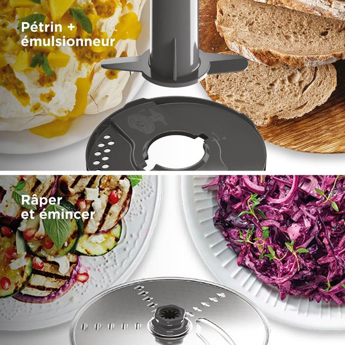 Un elettrodomestico mostra accessori e cibi come pane, bacche e insalata.