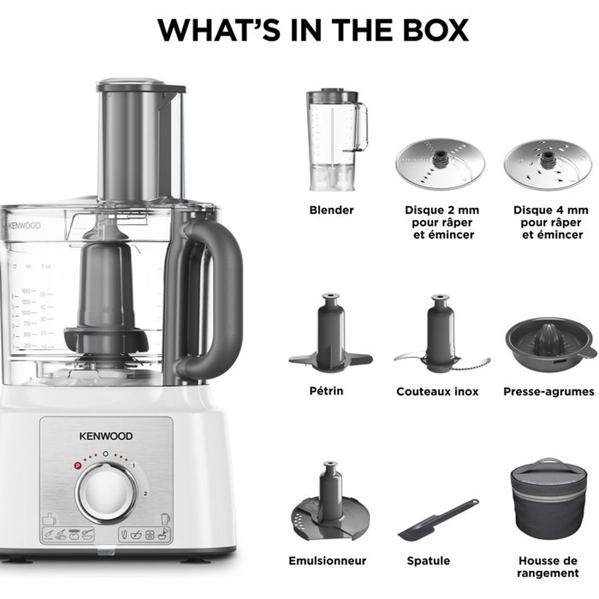 Robot da cucina Kenwood bianco con frullatore, dischi, impastatore, coltelli, spremiagrumi, emulsionatore e custodia.