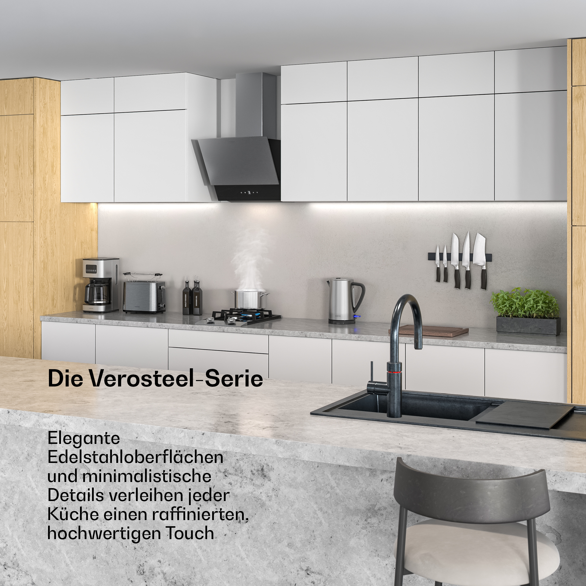 Moderne Küche mit Edelstahlgeräten, Kochfeld, Dunstabzugshaube und Spüle.