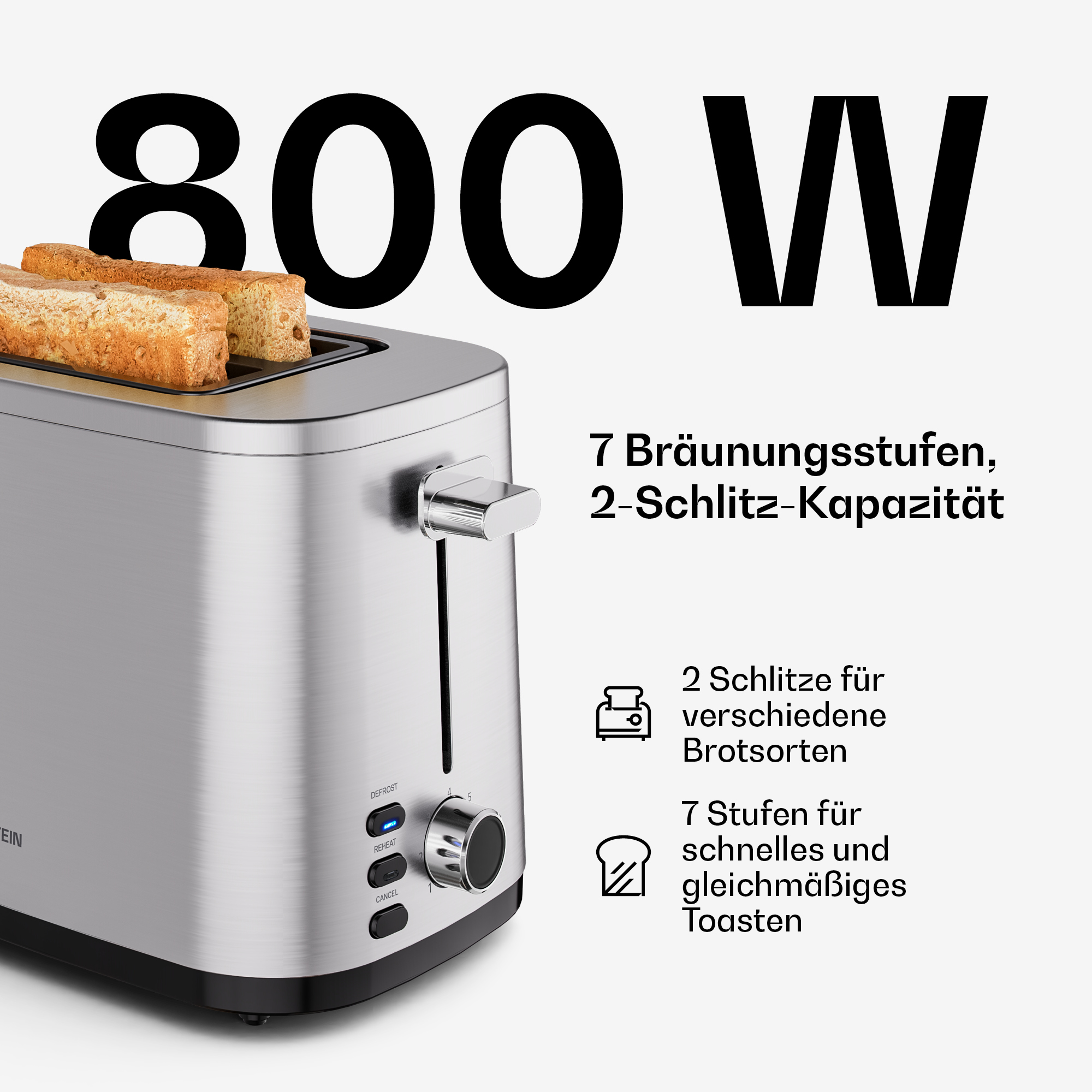 Silberner Toaster mit zwei Toastscheiben, 800W Leistung.