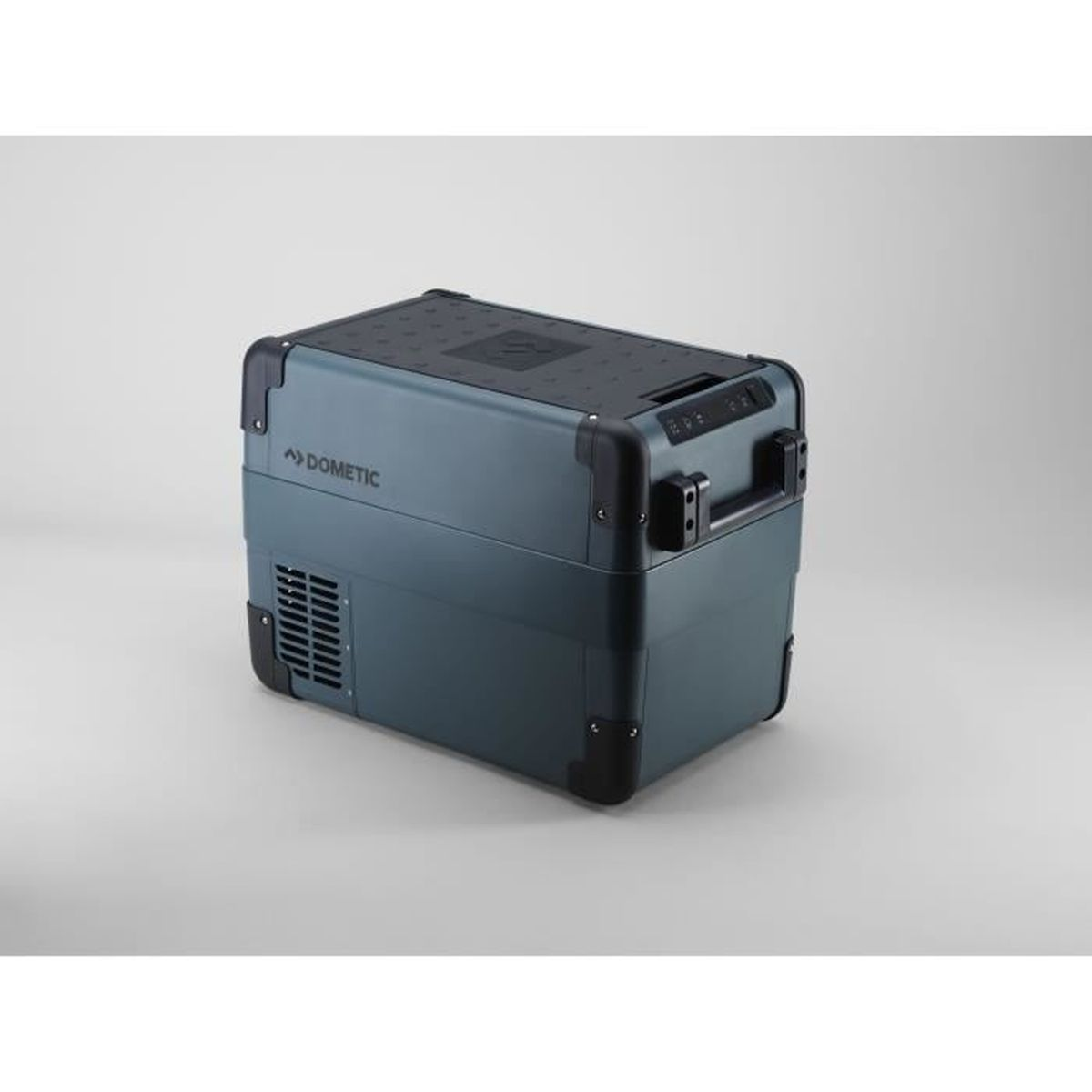 A blue Dometic cooler with handles and ventilation grilles.