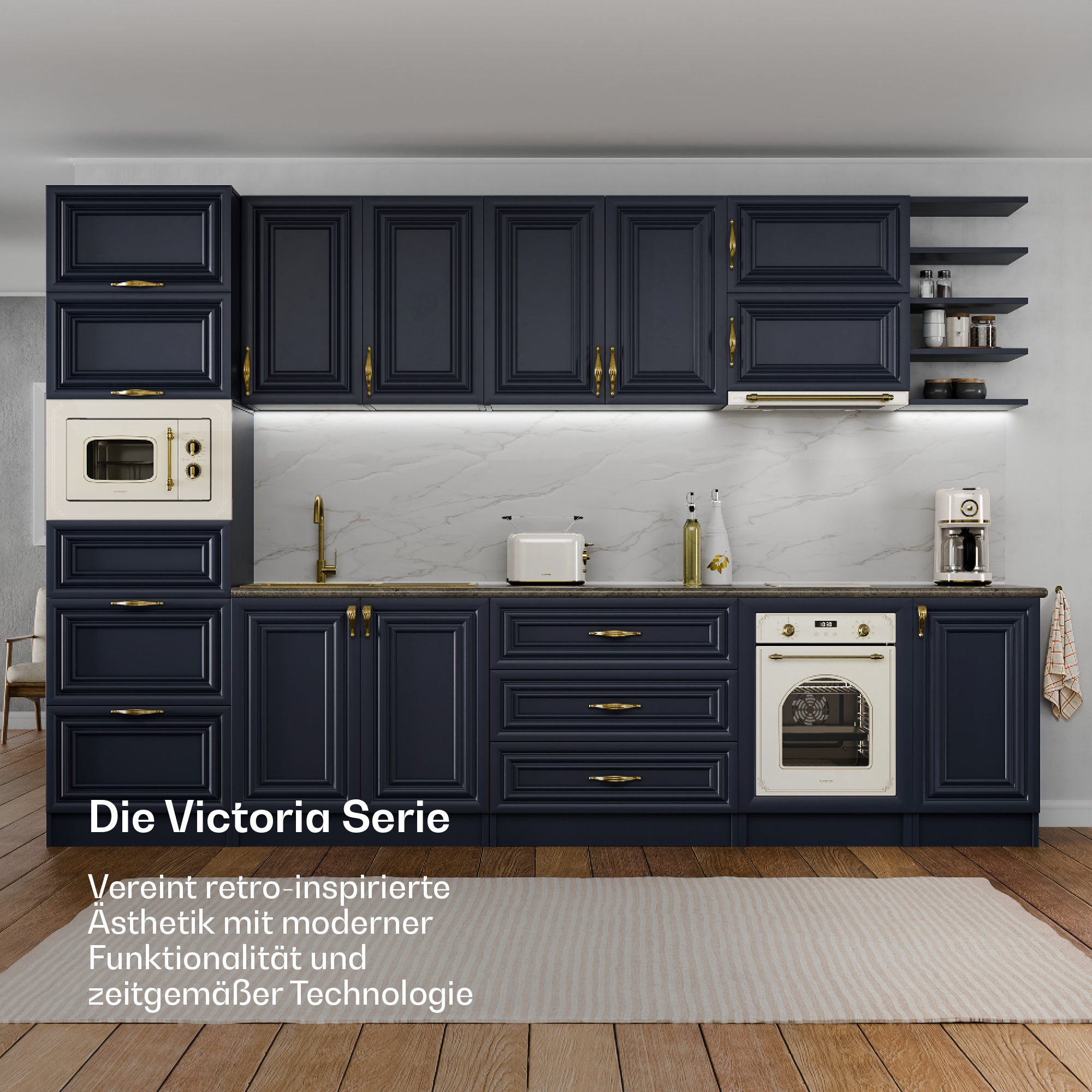 Eine dunkle Küche mit goldenen Griffen, Mikrowelle, Toaster und Kaffeemaschine.