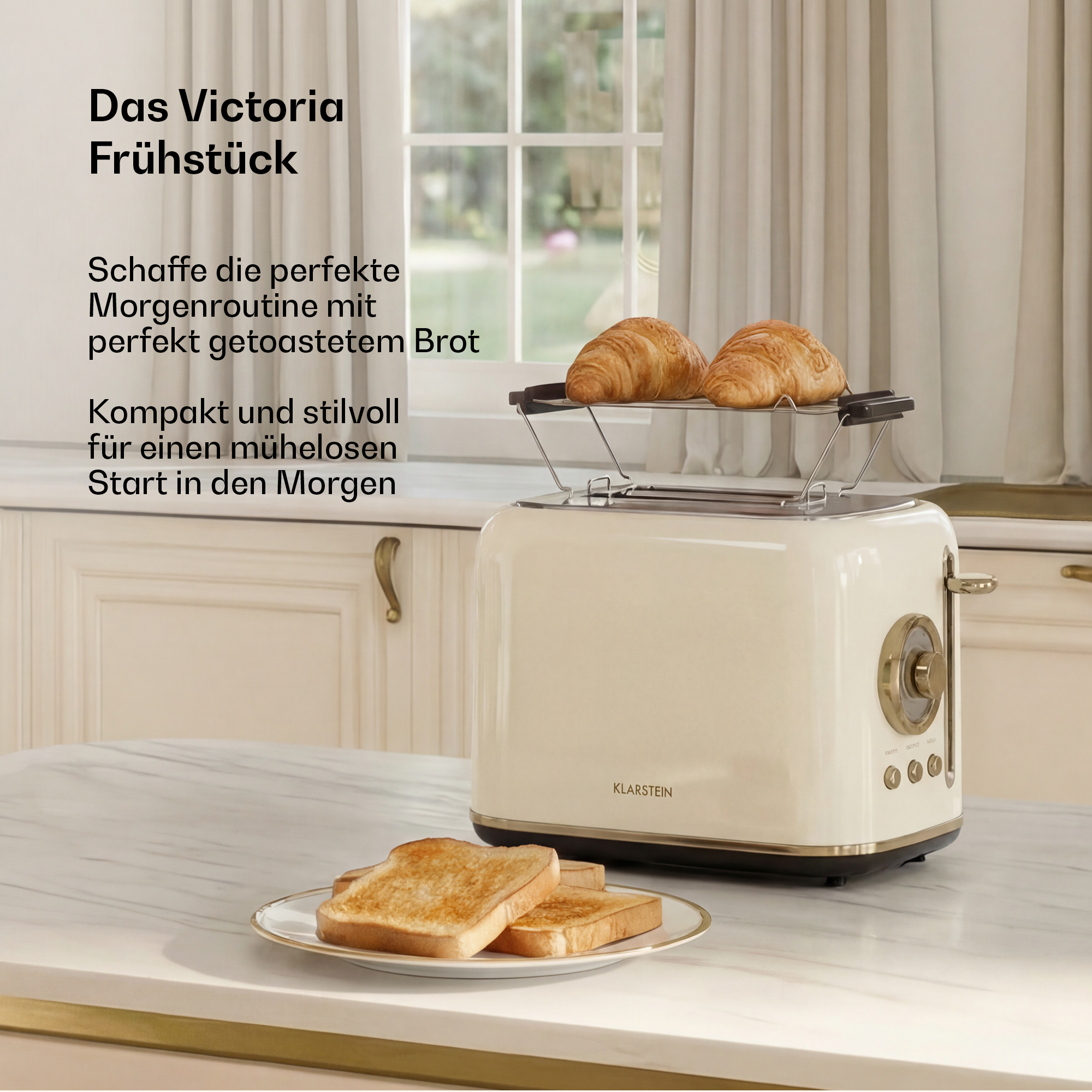 Ein cremefarbener Toaster mit Brotscheiben und Croissants.