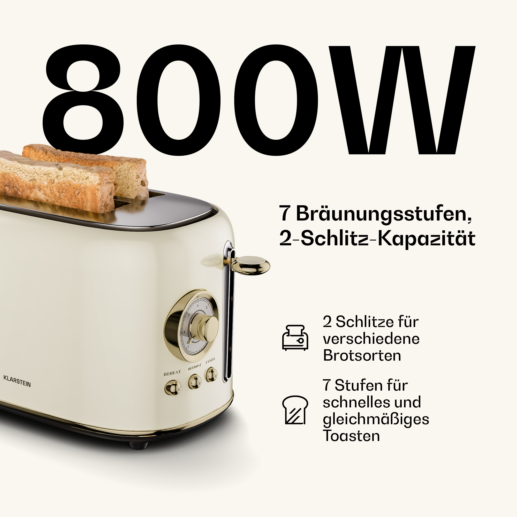 Ein cremefarbener Toaster mit zwei Toastscheiben und der Aufschrift 800W.
