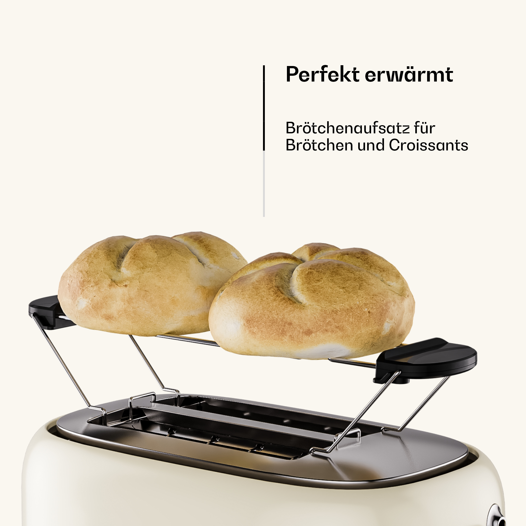 Ein cremefarbener Toaster mit einem Brötchenaufsatz und zwei goldbraunen Brötchen.