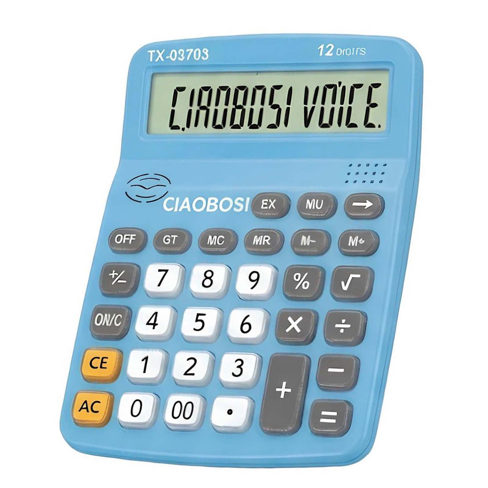 Ein hellblaues Taschenrechner-Modell TX-03703 mit Display und Tasten.