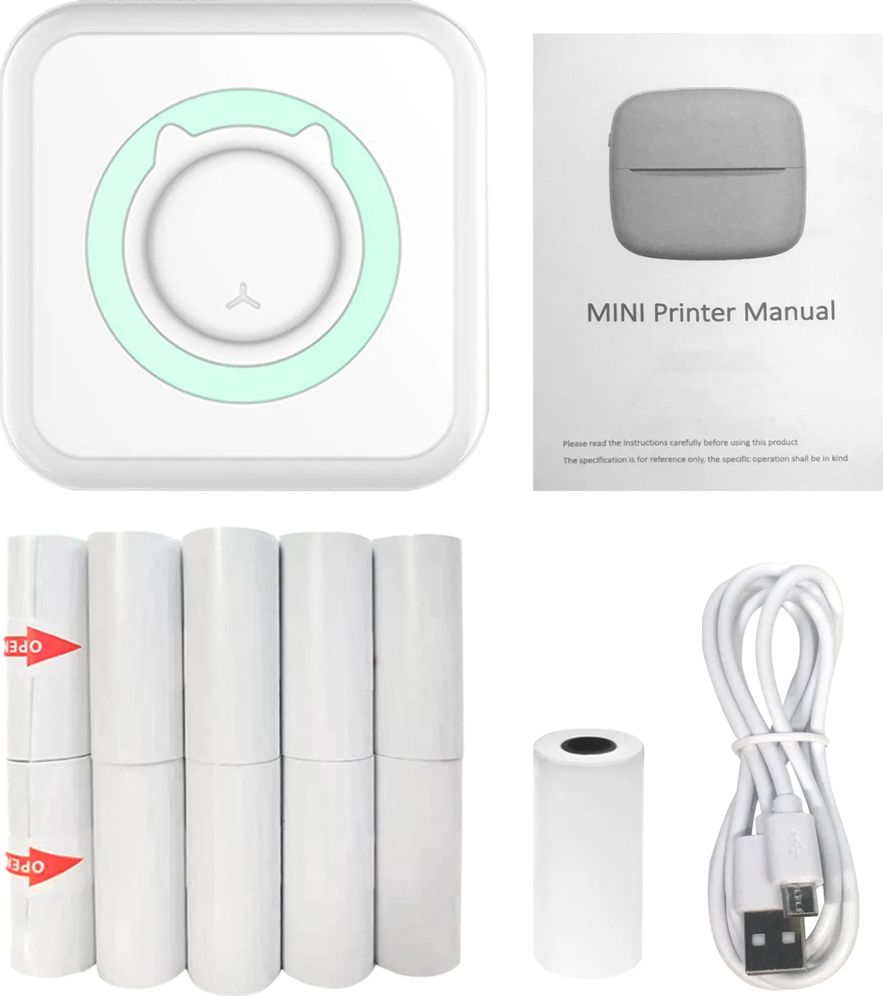 Mini-Drucker, Papierrollen und Ladekabel auf weißem Hintergrund.