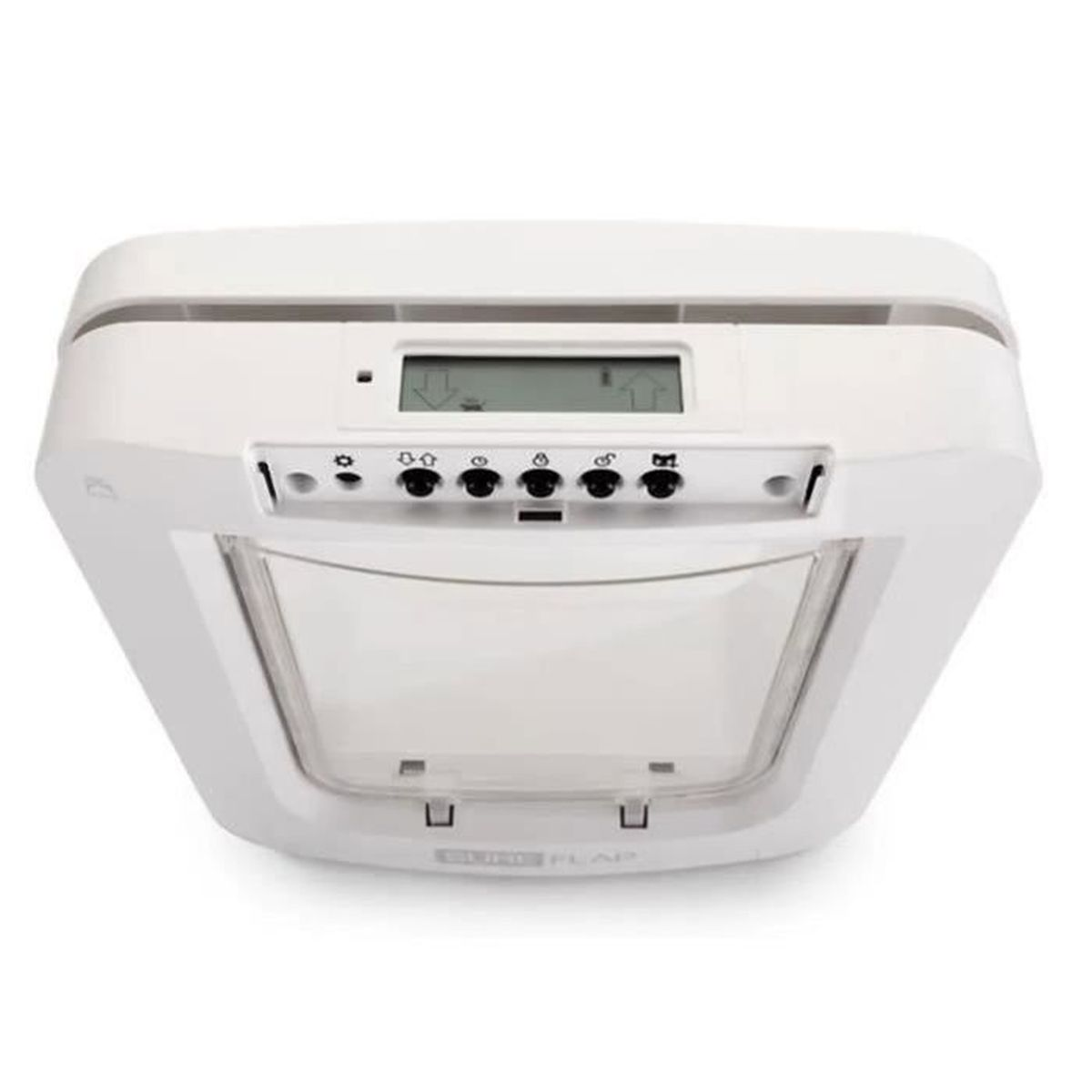 Una gattaiola bianca con pulsanti e schermo LCD.