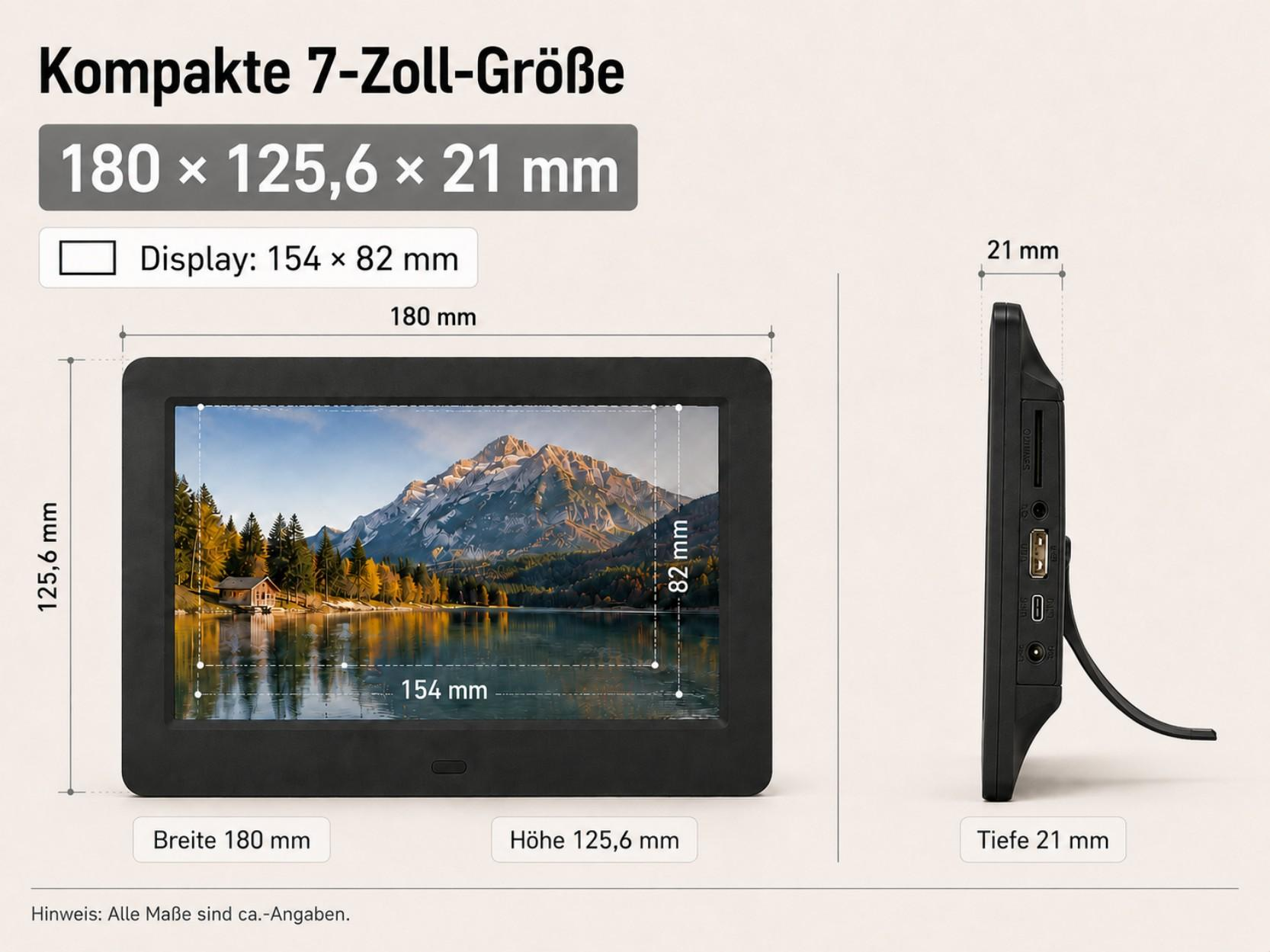 Ein 7-Zoll-Digitalrahmen mit Berg- und Seebild, Maße 180x125,6x21 mm.