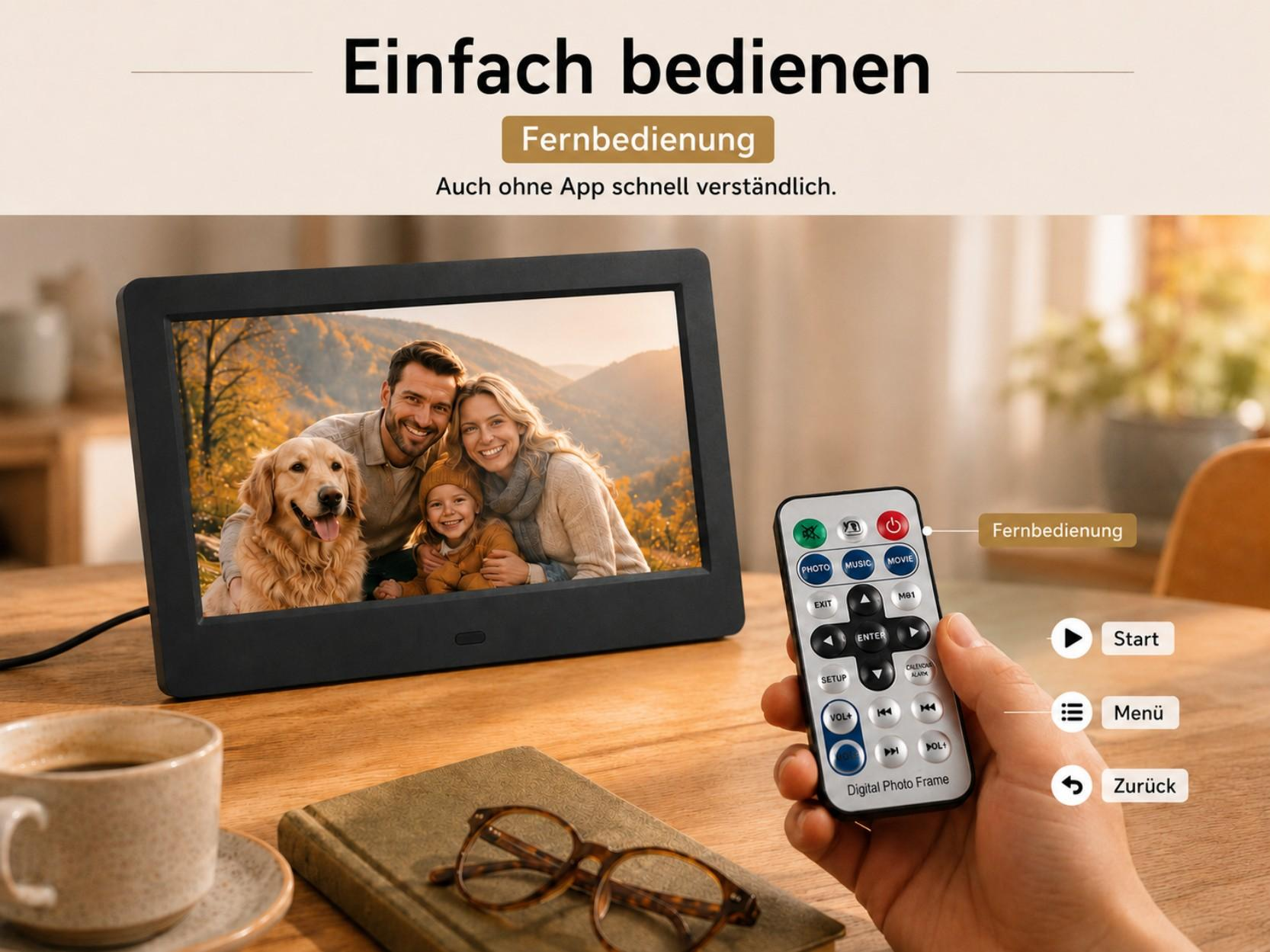 Digitaler Bilderrahmen mit Familie und Hund, Fernbedienung daneben.